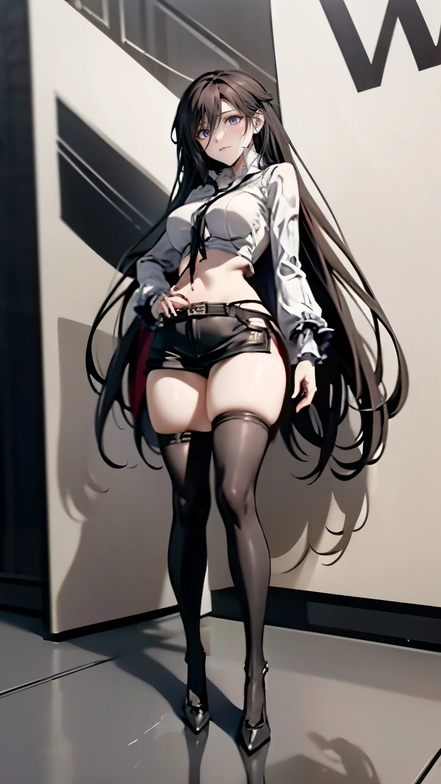 1 girl, extremely long hair, solo, ((muscular)), veins, black hair, yellow eyes, blushing, thick thighs, pale skin, strong, veins, abs, big thighs, huge breasts, navel, standing, angry, stocking, skirt, high heels, crop top, underboob