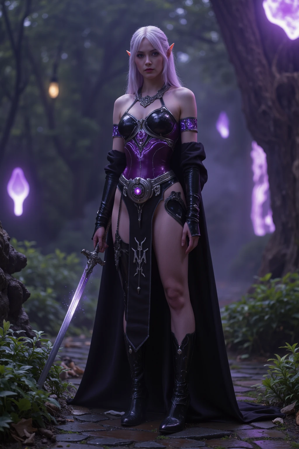 A girl with a shining sword, pose de heroi,long pink hair,violet eyes, tight sexy clothes , The background is a forest at night with some rocks and dry branches on the ground,mist and light fog,アニメ, pretty girl,Dynamic angle, neckleace, stay night.