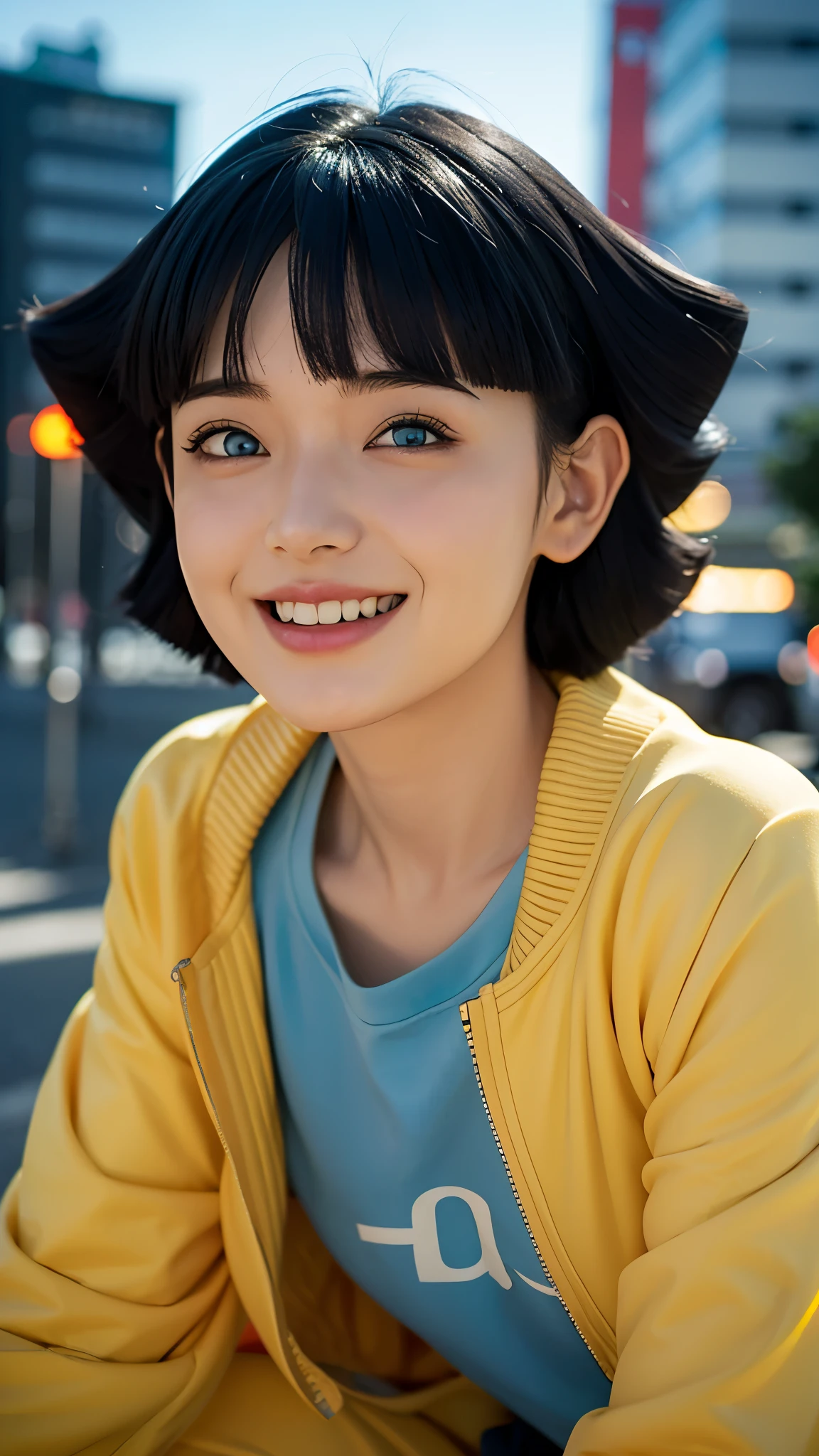 "Create a hyper-realistic depiction of Uzumaki Himawari from the anime Boruto, as if she existed in the real world. She has detailed and natural-looking facial features, bright blue eyes, and short dark blue hair with soft bangs. She is smiling warmly, radiating charm and friendliness. She is dressed in her signature yellow jacket over a black shirt, just like in the anime. The background features a vibrant modern city with tall buildings, streets, and an urban atmosphere. The lighting is natural and well-balanced, enhancing the realism and beauty of the scene."