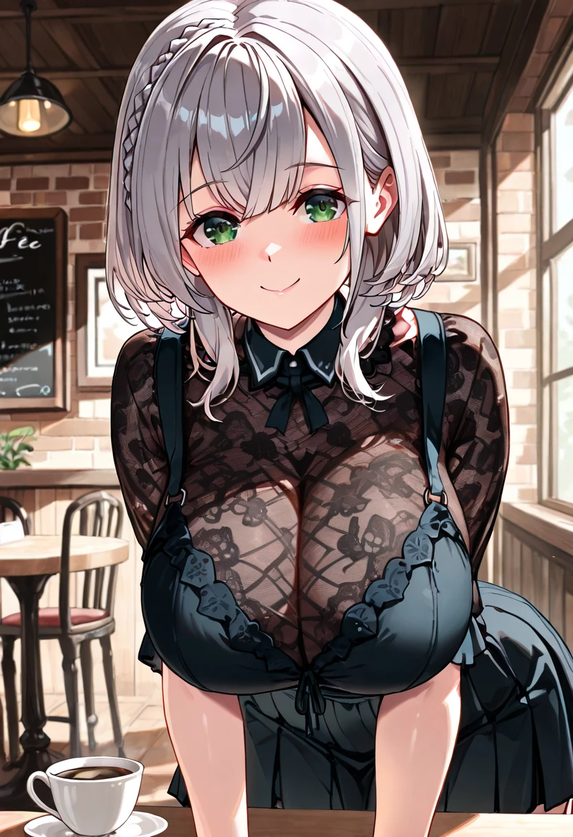 (masterpiece,Highest quality,8K,Ultra-high resolution),appropriate margins,Emphasize the face,ホテルの部屋BREAK,1 person,Very beautiful and cute adult woman,Slim body,Very large breasts,Bust 120,Upturned chest,BREAK,Silver Hair,Red eyes,Mischievous Smile,short hair,Messy hair tucked behind one ear,BREAK,(blouse,Long skirt)