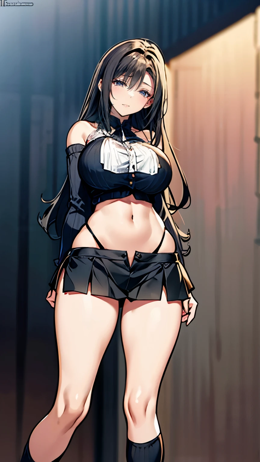 ​Masterpiece, top quality, Extremely detailed CG Unity 8K wallpapers, Hyper-realistic 8kCG, perfect work of art, perfect female figure, dramatic shadows, (spotlight, perfect lighting, detail light, (((1 girl in))), ((Pointed face)), ((black hair, curls)), (((sexy pose))), model figure, Navel visible,beautiful girl, Exquisite facial features outline the perfect face shape,blue pupils，sharp vision,slim, Light and beautiful thigh expression, middle school, uniform, pleated skirt, Over-the-knee socks, In front of a wall covered with graffiti, night, (((leaning against wall, permanent))), Winning photo, detail, Real light and shadow, 8K resolution, professional lighting, (sparkling skin:0.9), perfect hands,
