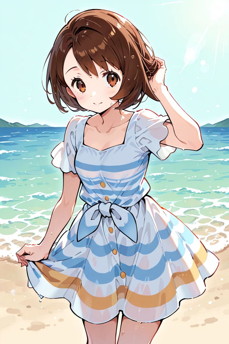 Mirai Kasuga, (highest quality, 8k, masterpiece, Very detailed:1.2), (Lens flare, Particles of light, Shine), Big Breasts, smile, Open your mouth, masterpiece, highest quality, Very detailed, High resolution, Very detailedなCG, (Official Art), Off the shoulder, Light blue swimsuit, (Embarrassing:1.1), (blush:1.2), Open your mouth, (shout:1.1), (Moving lines:1.1),  blue sky, summer, Sandy Beach, Cowboy Shot