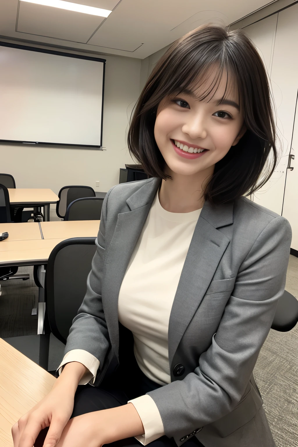 Raw photo, Highest Quality,(masutepiece:1.0), Professional Photography, High resolution, hyperdetails, Photorealistic, Best Quality, extremely delicate and beautiful illustration, (One girl), Solo, Perfect Anatomy, (short-hair:1.2), Dark hair, Blunt bangs, Detailed eyes, japanese young girl, sixteen years old, a baby face、, (In the in-house conference room:1.3)、(Gray business suit、Grey jacket、white shirt、 Shy laughter,