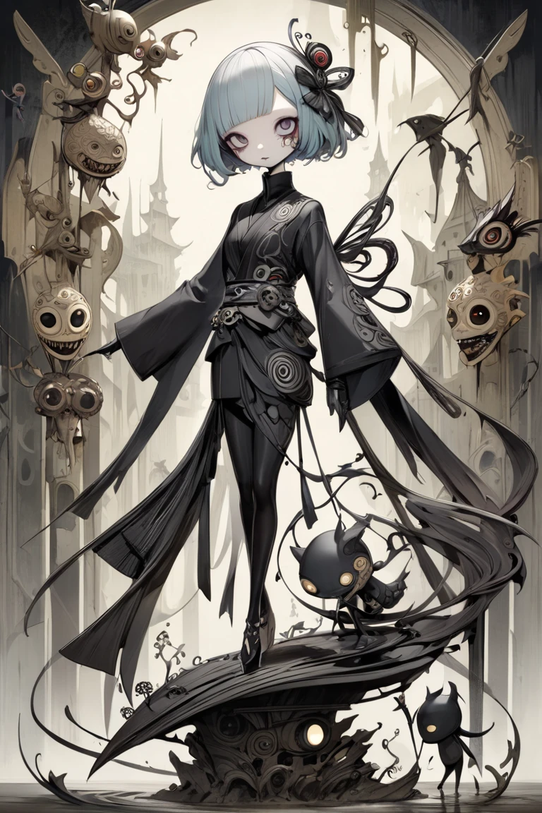 (,(masterpiece), (High resolution), (super delicate), (masterpiece: 1.2, highest quality), scribble, nightmare, doll-like face, cartoon style, rough sketch, Comic style illustration, Japanese painting, full body,(snap shot), flat illustration, creepy appearance, unique atmosphere、A human being surrounded by a large number of insects、Grotesque background、
