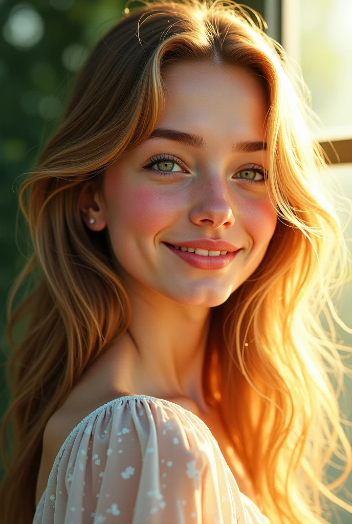 The beautiful woman looks with maternal love and tenderness,and smiles,and a summer birch forest appears around her,and a ray of sunshine illuminates the woman's hair. 