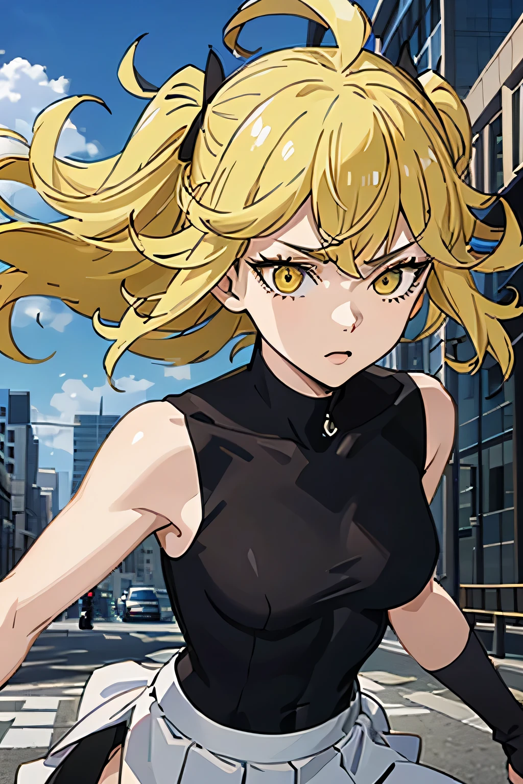 18 year old woman, petite body, yellow hair, right eyeball red, left eyeball blue, wearing women's yellow battle clothes, wearing a white skirt, cute, strong, facing forward, hd, half body, a fighter, a Anti-Hero