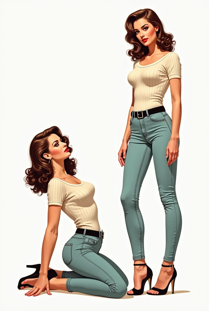 full body portrait, April O'Neil 1980s \(style\), 1girl, brown hair, retro artstyle, wavy hair, solo, unbutton_shirt, (natural_breasts:1.2), medium_breasts, cleavage, full body shot, model pose, shoes visible