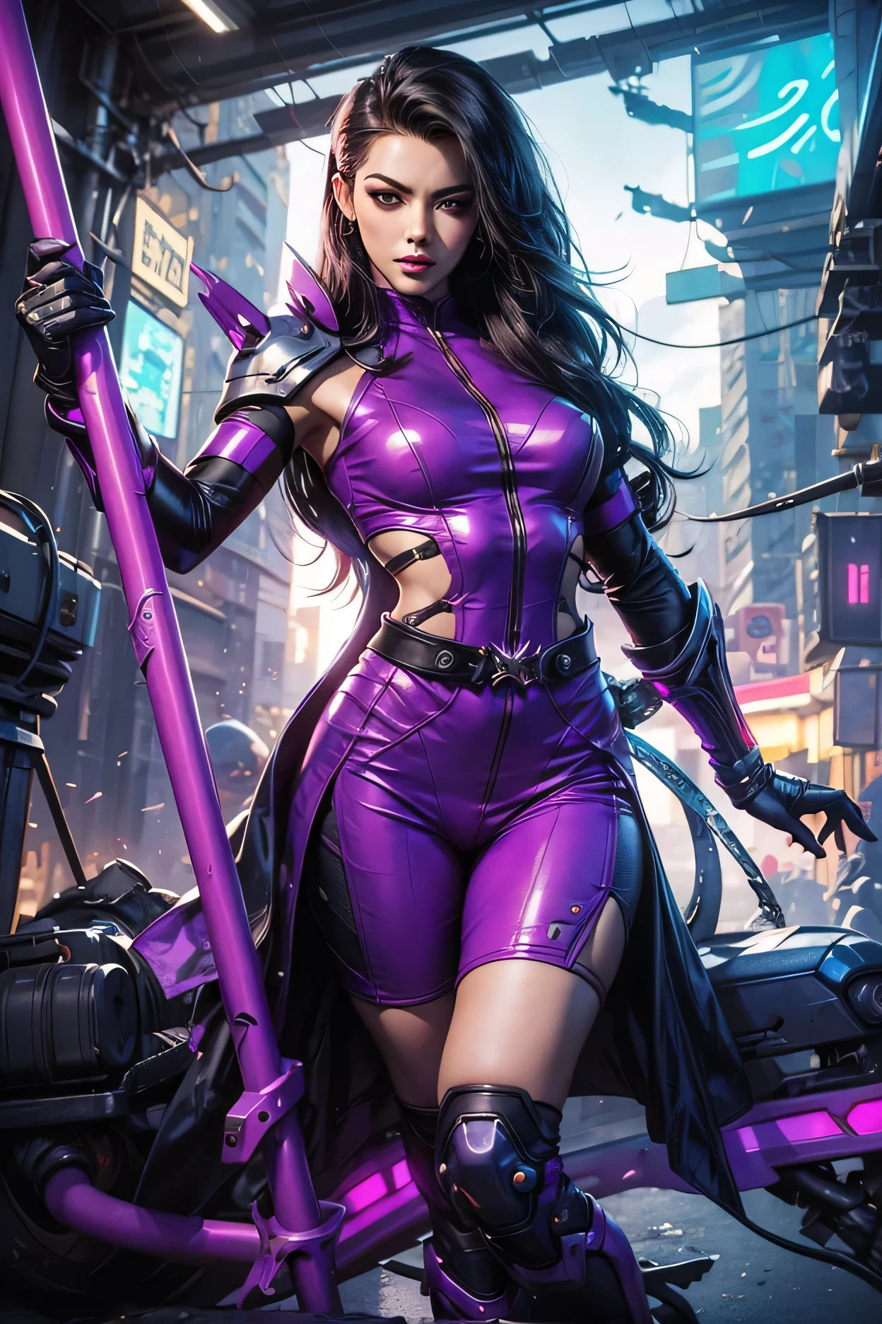 Artgerm art style a woman in a purple outfit holding a pole, psylocke, Akali de League of Legends, Overwatch Sombra , cyberpunk judy alvarez, cgsociety inspirado, Kate Bispo, nico robin, furious and dazzling cyberpunk goddess, She wears that mask from Jean Grey 97, Irelia de League of Legends, obra-prima da cgsociety , artgerm julie bell beeple, Cyberpunk jumpsuit