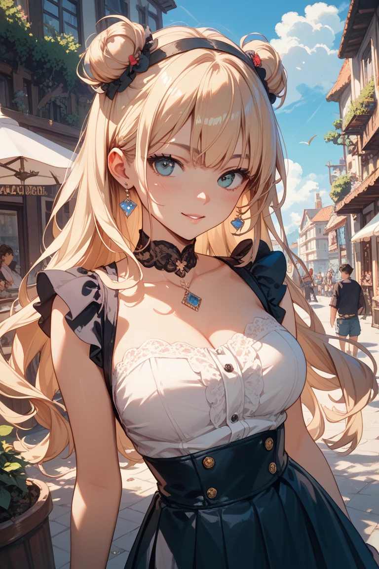 Very detailed、best quality、Best image quality、masterpiece、8K、Anime Face、A kind smile、open mouth、Sparkling blue eyes、(Blonde wavy hair:1.5)、Hands on hipini skirt、camisole,Snow white skin(10.0) Large Breasts(10.0)16K(10.0), Ultra-clear(10.0) 最高品质 masterpiece