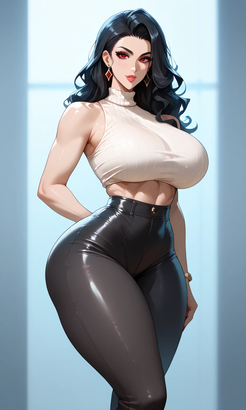 Solo, best quality, girl,mature,milf,long black cabel,tall woman,makeup,thick thighs,legs,wide hips,big ass,big breasts,heavy bust,thin waist,looking at viewer,long side opening dress,sleeveless turtleneck shirt,neckline,ear piercing, navel piercing,