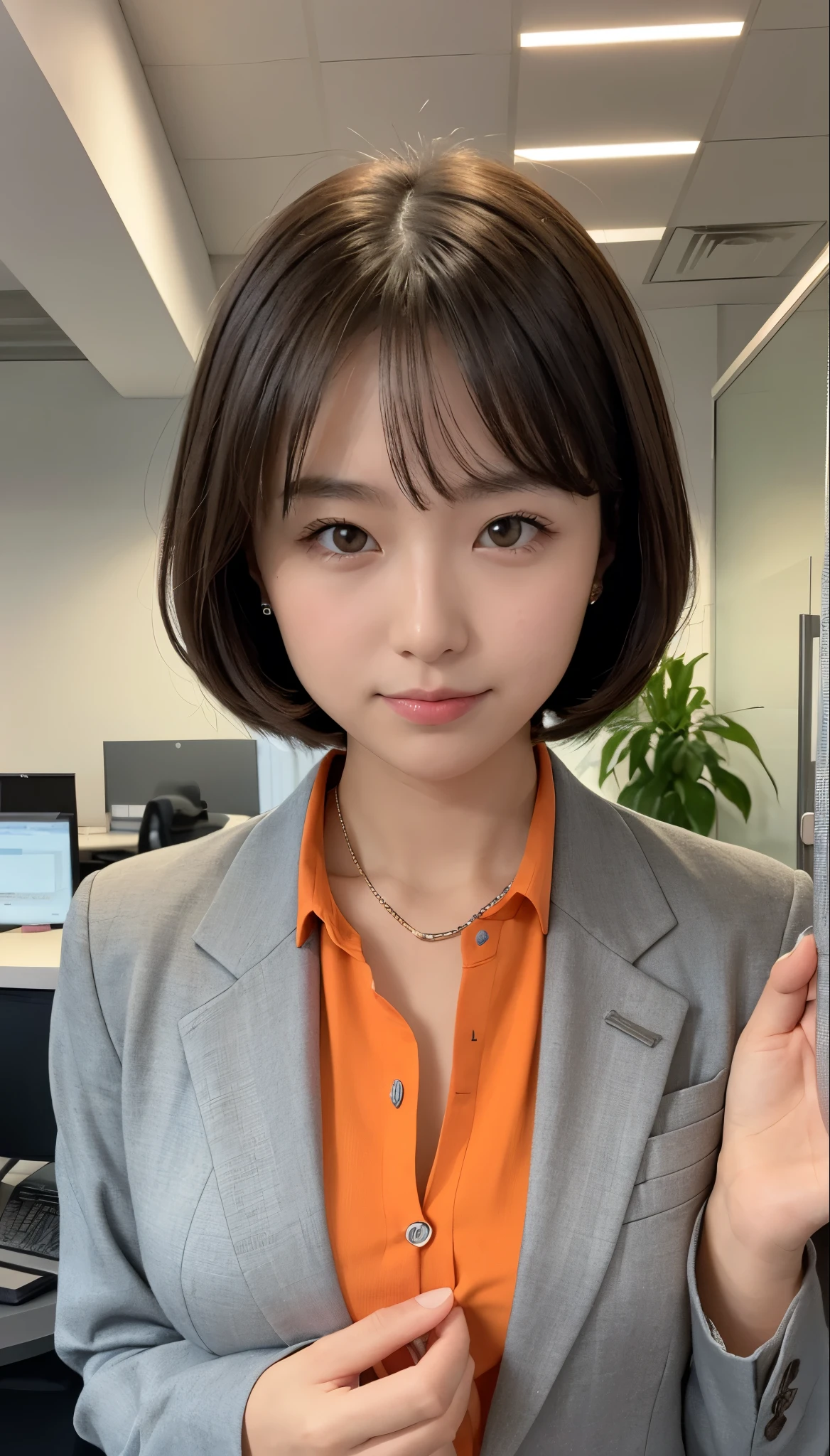Tabletop, Highest quality, Very detailed, finely, High resolution, 8K Wallpaper, Perfect dynamic composition, beauty、、Tap on the shoulder、Beautiful and detailed,Small face、Pure girl、thin、Thin body、thin、White business shirt、Natural color lip,office, Get to your desk、A lot of paperwork on the desk,、Operate a computer and do work、Hit the keyboard、My eyes are on the desktop、 Brown Hair、Short Bob、bangs、Beautiful breasts,thin体型、 Stern expression、