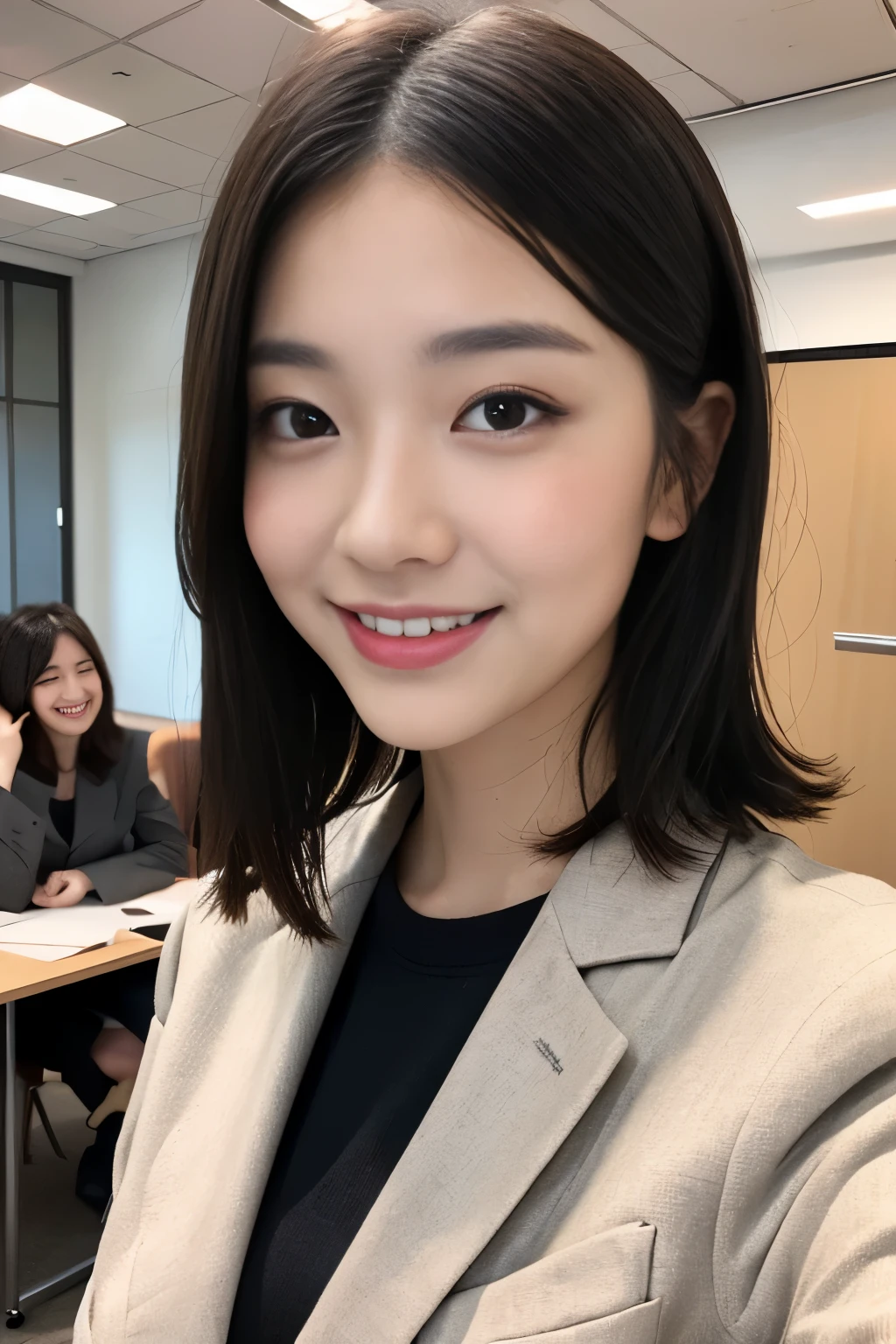 Raw photo, Highest Quality,(masutepiece:1.0), Professional Photography, High resolution, hyperdetails, Photorealistic, Best Quality, extremely delicate and beautiful illustration, (One girl), Solo, Perfect Anatomy, (short-hair:1.2), Dark hair, Blunt bangs, Detailed eyes, japanese young girl, sixteen years old, a baby face、Incredibly beautiful Japan girls, beautiful detailed background, (extremely delicate and beautiful illustration), （In the in-house conference room:1.3）、 (Gray business suit、Grey jacket、 Shy laughter,