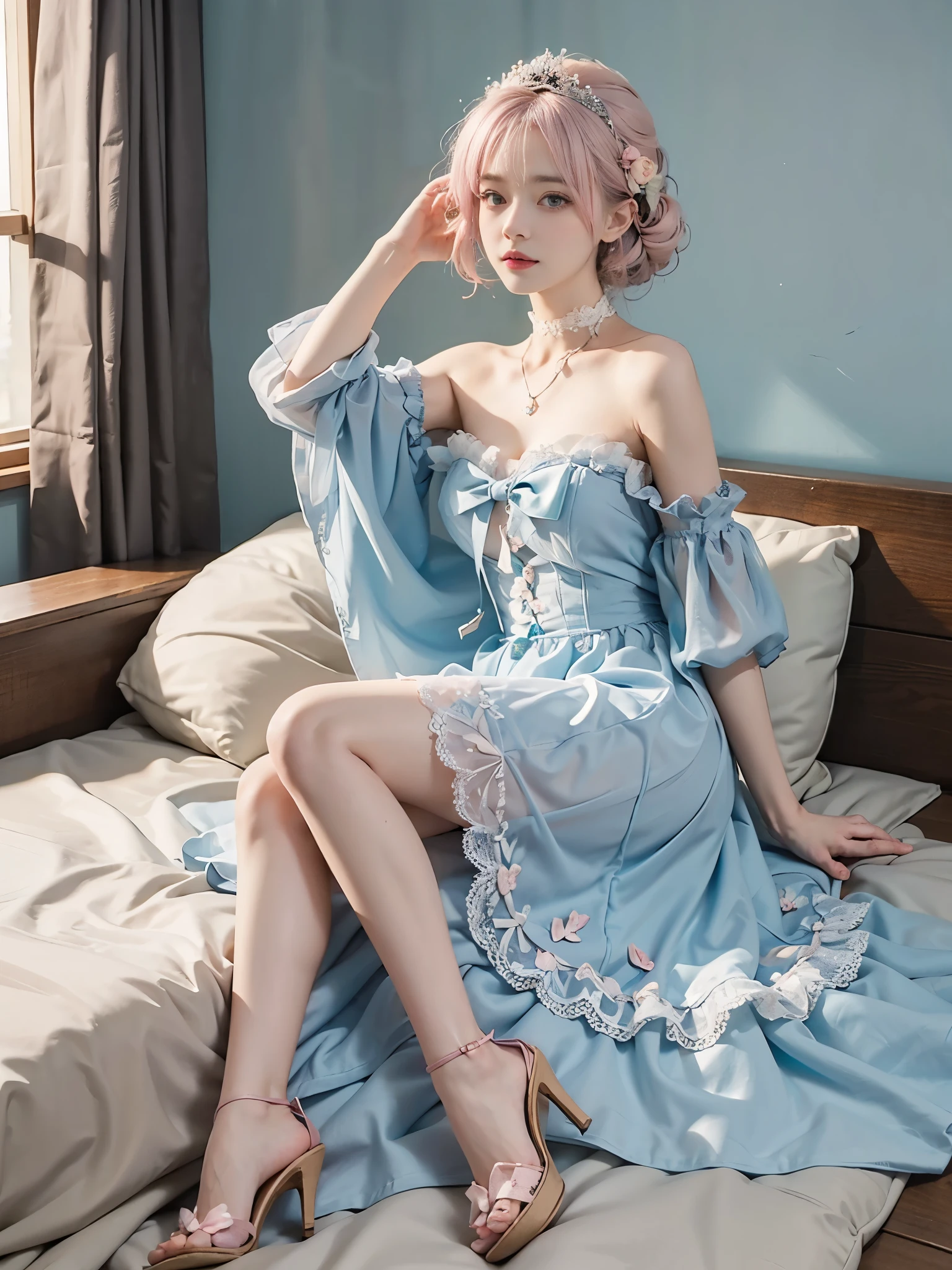 blue dress,blue sleeves, dress bow,layered dress,choker,butterfly wings,hair flower,long dress, ,,(full body:1.3),(masterpiece, best quality, ultra detailed), 1 girl, lying on her back on a soft light blue bed, looking up with gentle expression, (Big bust, very short hemline), (single bare shoulder:1.3), long flowing pastel pink hair with loose waves, styled with a small tiara and flower hair ornaments, one hand gently touching her hair near her head, the other arm resting along her side, legs slightly bent at the knees and crossed at the ankles, delicate lace necklace, pink ankle-strap heels, soft rim lighting, dreamy atmosphere, bedroom setting, wooden headboard in the background, scattered pink roses on the bed.