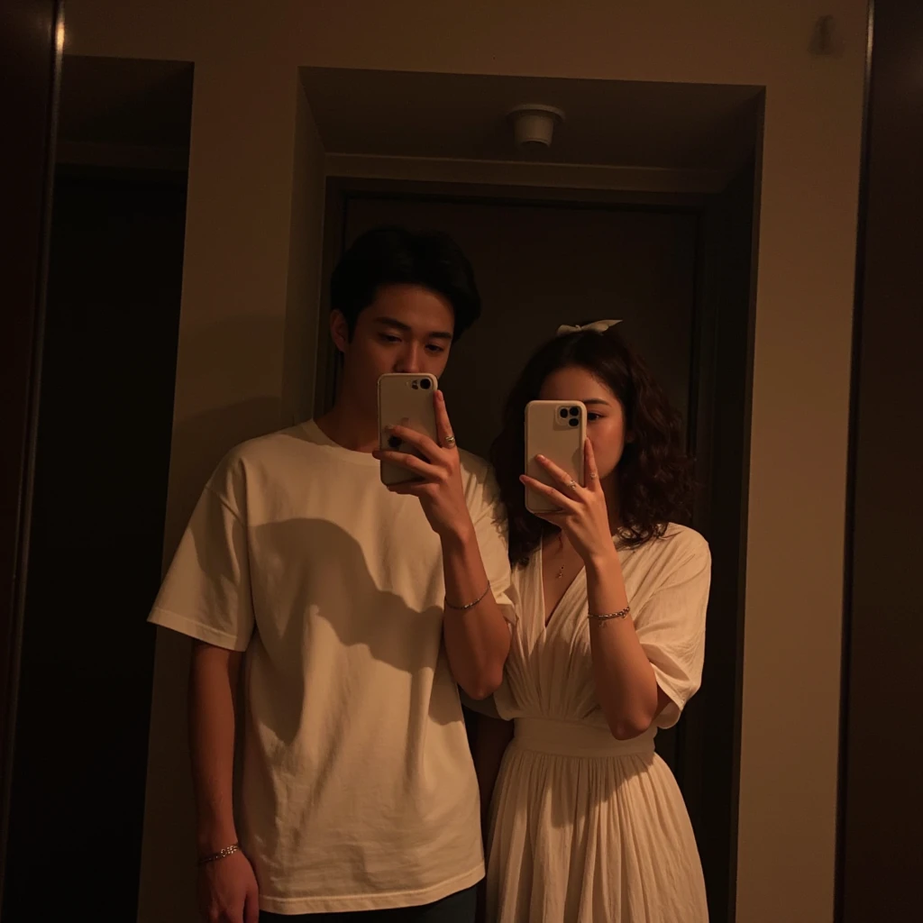 Kikuchi takes a selfie of herself and a Japanese man with long bangs, A luxury hotel room, squirt