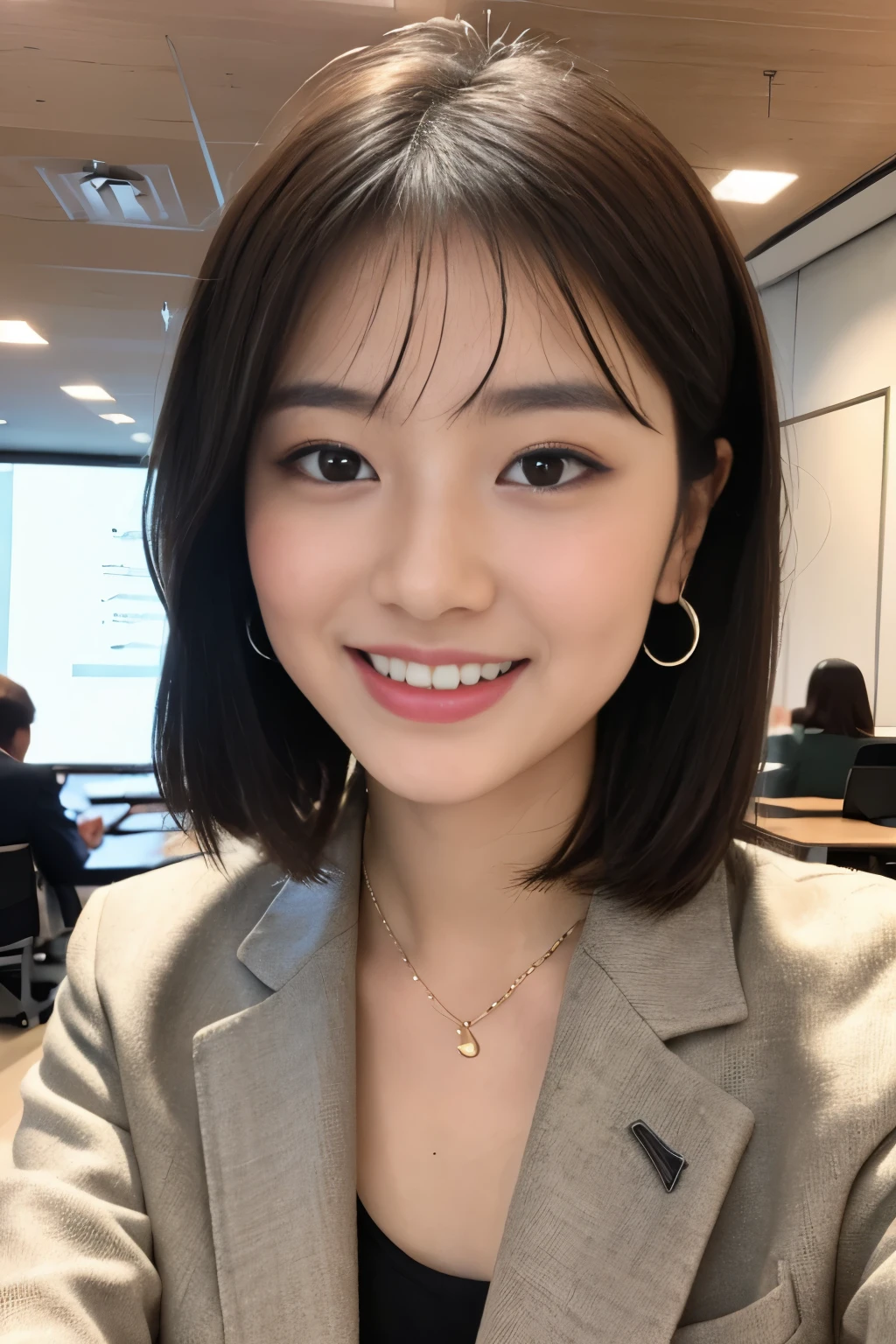 Raw photo, Highest Quality,(masutepiece:1.0), Professional Photography, High resolution, hyperdetails, photorealistic, Best Quality, extremely delicate and beautiful illustration, (One girl), Alone, Perfect , (short-hair:1.2), pale brown hair、wave hair、ear piercings、necklace、 blunt bangs, Detailed eyes, japanese young girl, sixteen years old, a baby face、Incredibly beautiful Japan girls, beautiful detailed background, (In the in-house conference room:1.3)、 (Gray business suit、Grey jacket、 Shy laughter,