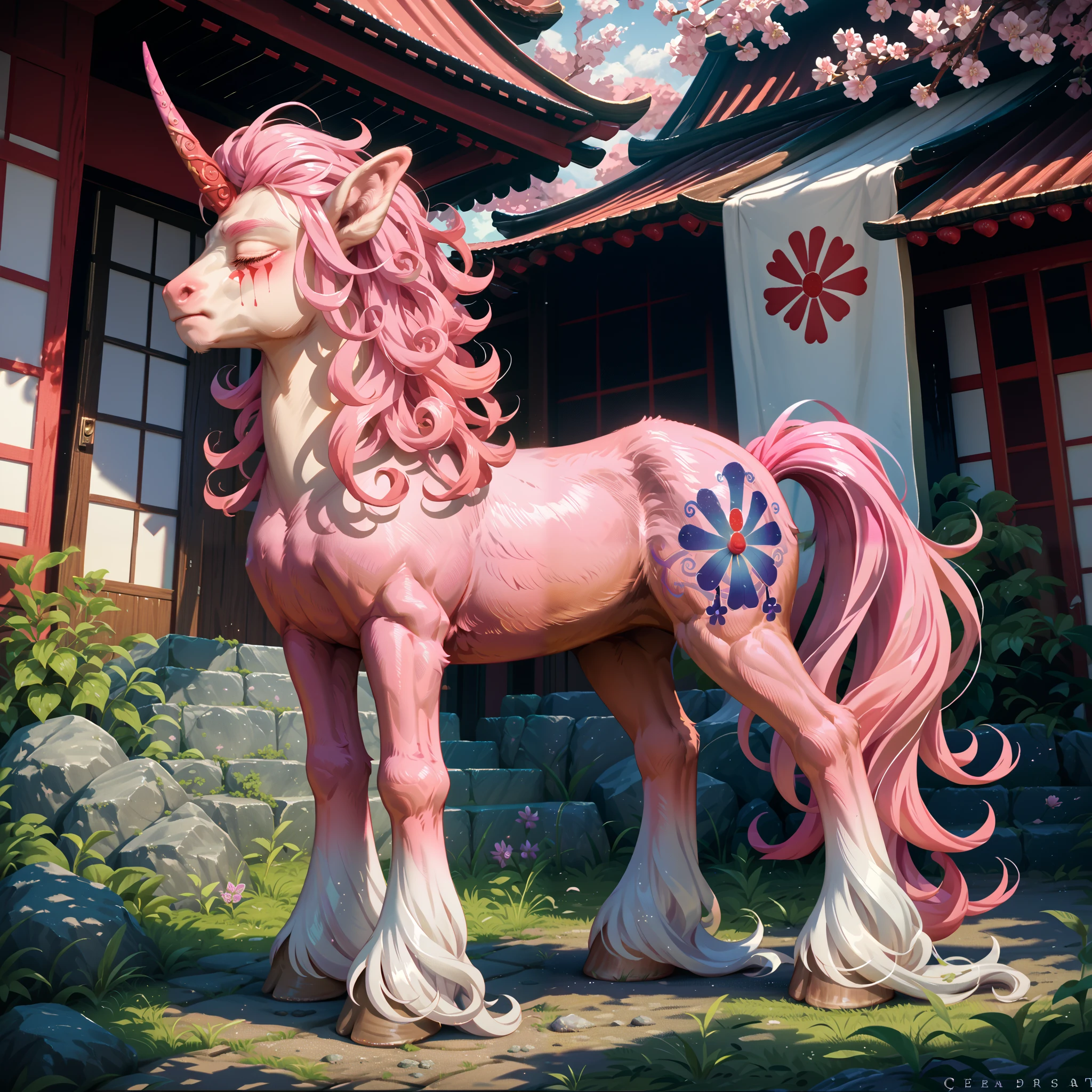 anime - style illustration of a unicorn with a pink mane and horns, mythical creature, a mythical creature, detailed full body concept, male centaur centaur chimera, painted in the style arcane, jen bartel, the non-binary deity of spring, onmyoji detailed art, detailed fanart, a centaur, detailed creature, great character design