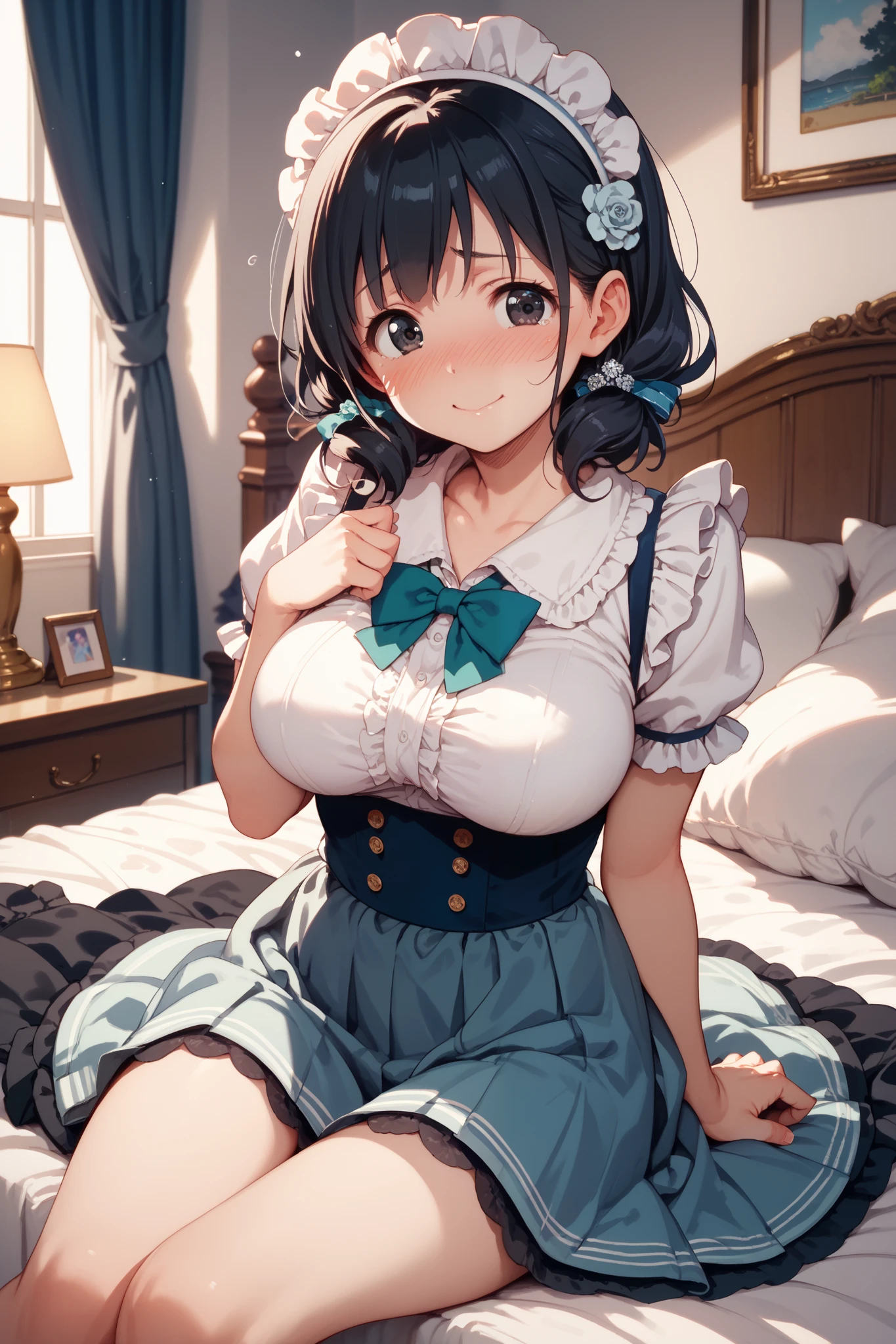 (masterpiece、Highest quality)、High resolution、Detailed face:1.2、anime(1.2)、Sharpness、4K、Bedroom、14 years old、Two-dimensional beautiful girl、Pleated skirt、White lace panties、Absolute area、Ultra mini skirt、garter belt、Black thigh-high socks、White skin、cute、Big Breasts、tits、、Looking up、Innocent eyeaid clothes、Short Bob、Full Bang、Black Hair、Thick thighs、