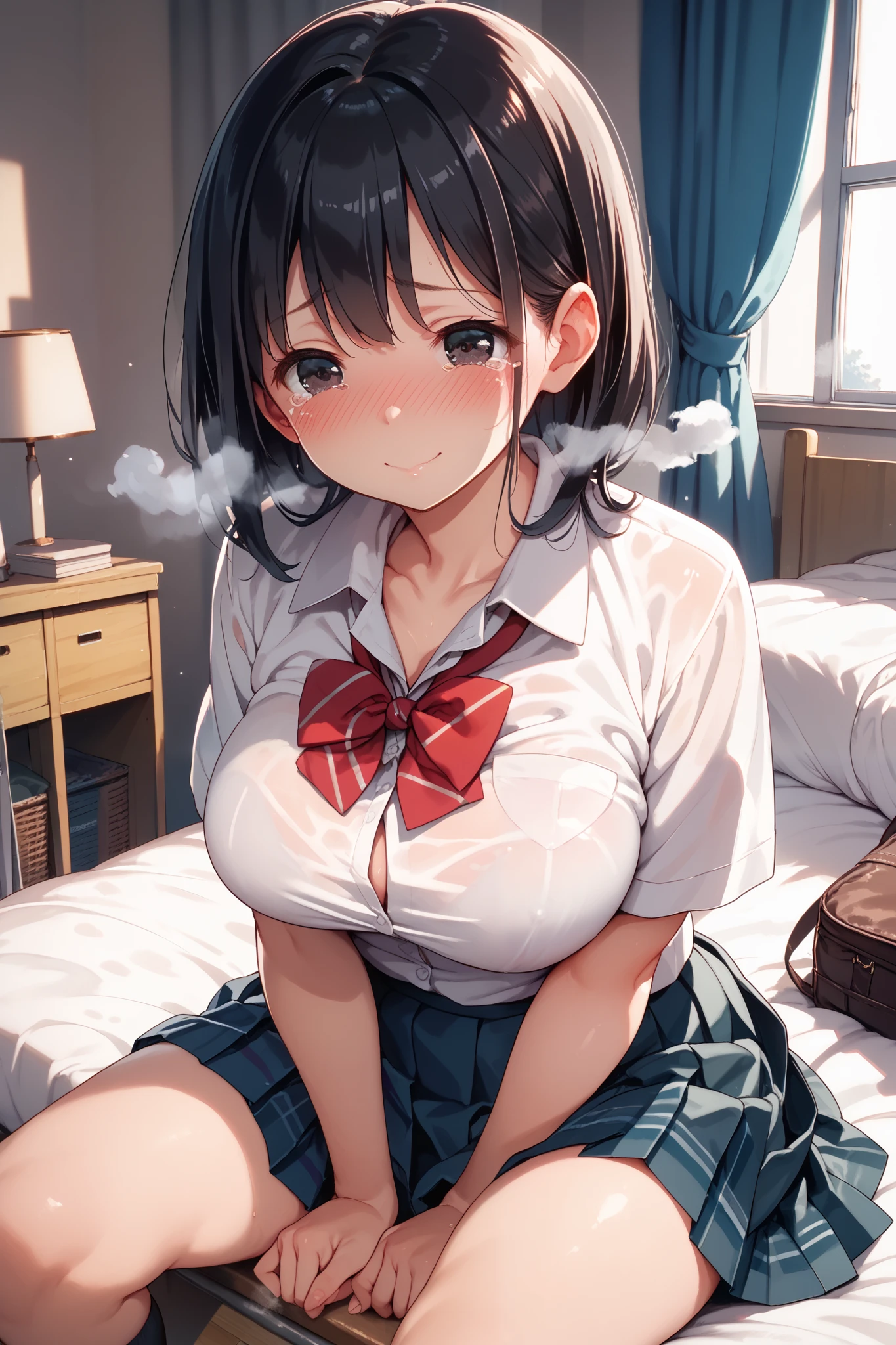 ((masterpiece,Highest quality:1.3,best quality illustration)),(realistic),cowboy shot,solo,1woman,(18 year old beauty),black hair,short bob hair,blunt bangs,black eyes,gorgeous big eyes,((very small head:1.3)),shy,tears,((very long body:1.2,skinny)),medium breasts,(tan skin,Sleeveless white shirt、Red bow tie、Black plaid mini skirt、white_thighhighs),sweat,gleaming skin,slender body,squatting,spread legs,peeing,Simple hotel bedroom、Tokyo、