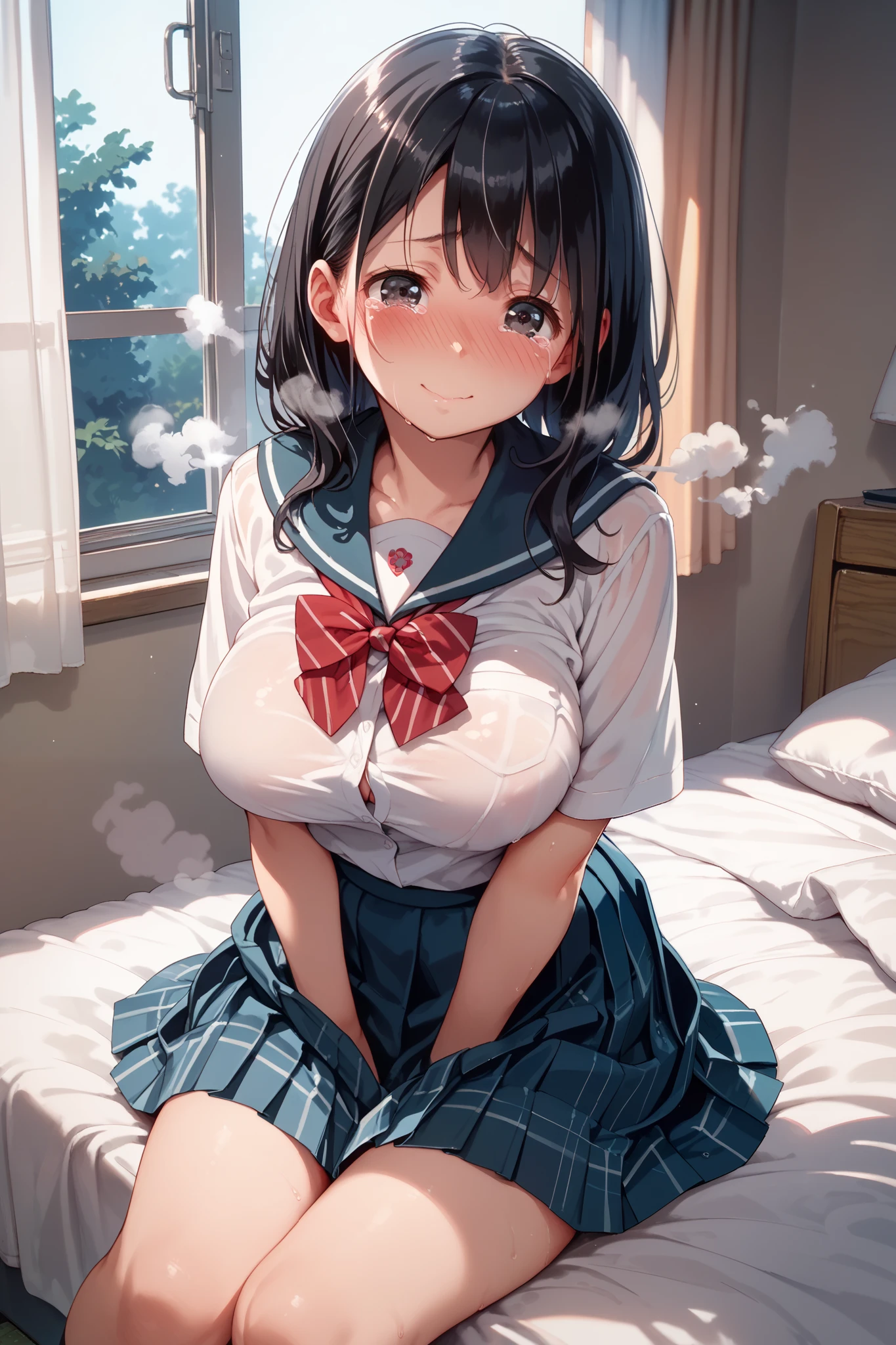 NSFW, 1 woman, (solo:2.0), (orgasm:1.4), (crying:1.2), clenched teeth, drooling, steam from pussy, (sheer white long thigh-high socks), (sheer white long satin gloves), glowing eyes, best ratio four finger and one thumb, (Nipples:1.5), (spreading pussy, Pubic hair), clear pussy juice, (Open legs), Large breasts, cleavage, (sitting on a bed with one knee up), Green eyes, (Crop Top shirt), (Sailor uniform only for the upper body), (white short shirt), (red ribbon tie), Navel, blue sailor collar, (Sheer Micro Mini Skirt), spreading pussy, black high-heeled shoes, side ponytail