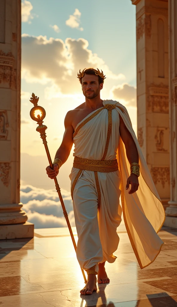 Young man with short blond hair, blue colored eyes, wearing no shirt, wide blue pants with some details and similar to Arab pants, two gold bracelets with sapphires on the wrists, golden crown with sapphires and similar to a tiara on the forehead, a circle made of water floating around the head, epic pose, 独奏, Masterpiece artwork, precise, High details, 3D rendering, conceptual artwork, cinematic lighting, macro photography