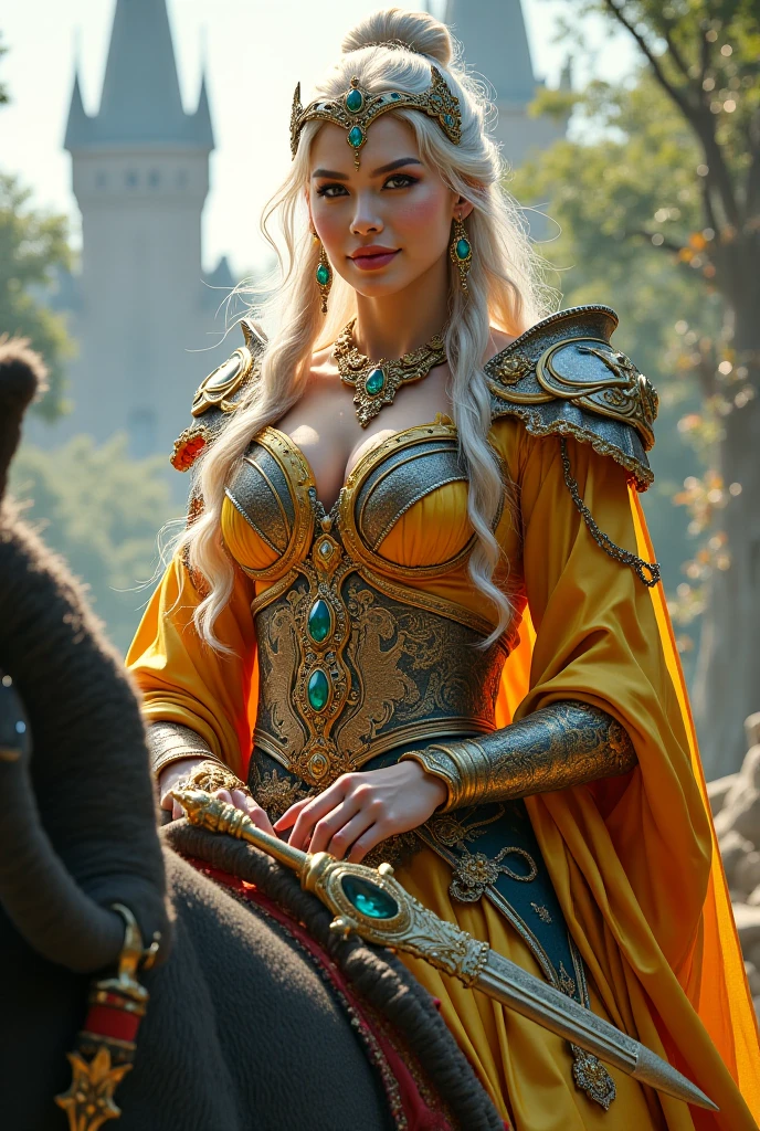 Elegant Armor,Princess, whole body, Crown Luxury , blue eyes, blonde, 30-year-old woman, (Voluminous blonde hair), masterpiece，The best quality in the best condition，High resolution，8k，((Portraiture))，(Upper Body)，Original photo，Actual Photos，Digital photography, (Medieval angel Princess in fantasy style), sexy Princess ，blue eyes， Super huge breasts, Extravagant decoration of pointy huge breasts，Lips parted，Makes your lips look more attractive and glamorous，((Voluptuous body))，(Medieval Fantasy Dress，Beautiful big pointy breasts, Tight waist, perfect colossal breast of Princess body, Blue delicate pattern，Red Cape)，(anhelic Princess character medieval fantasy style，oc rendering reflection texture, Sexy Style, Sexy big  , Medieval castle background, the body is slim, ((Green and White dress)) , ((Long skirt and garter belt))、Very slim , Sexy Style, Image of a princess、Looking into the camera、