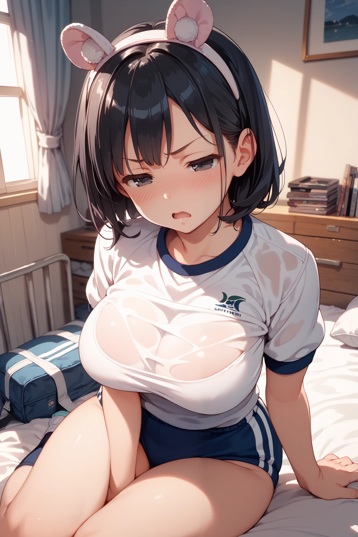 nsfw, 1girl, boys, UHD, retina, ccurate, anatomically correct, super detail, high details, high quality, best quality, HD, 4K, smile, (aamegumi, short hair , slender, brown eyes, collarbone, medium breasts), puffy nipples, (underboob, navel), snug baseball uniform, short baseball uniform, baseball bat, indoor, locker room, BREAK,
boy, (baseball players, Baseball team members behind Megumi Kato)