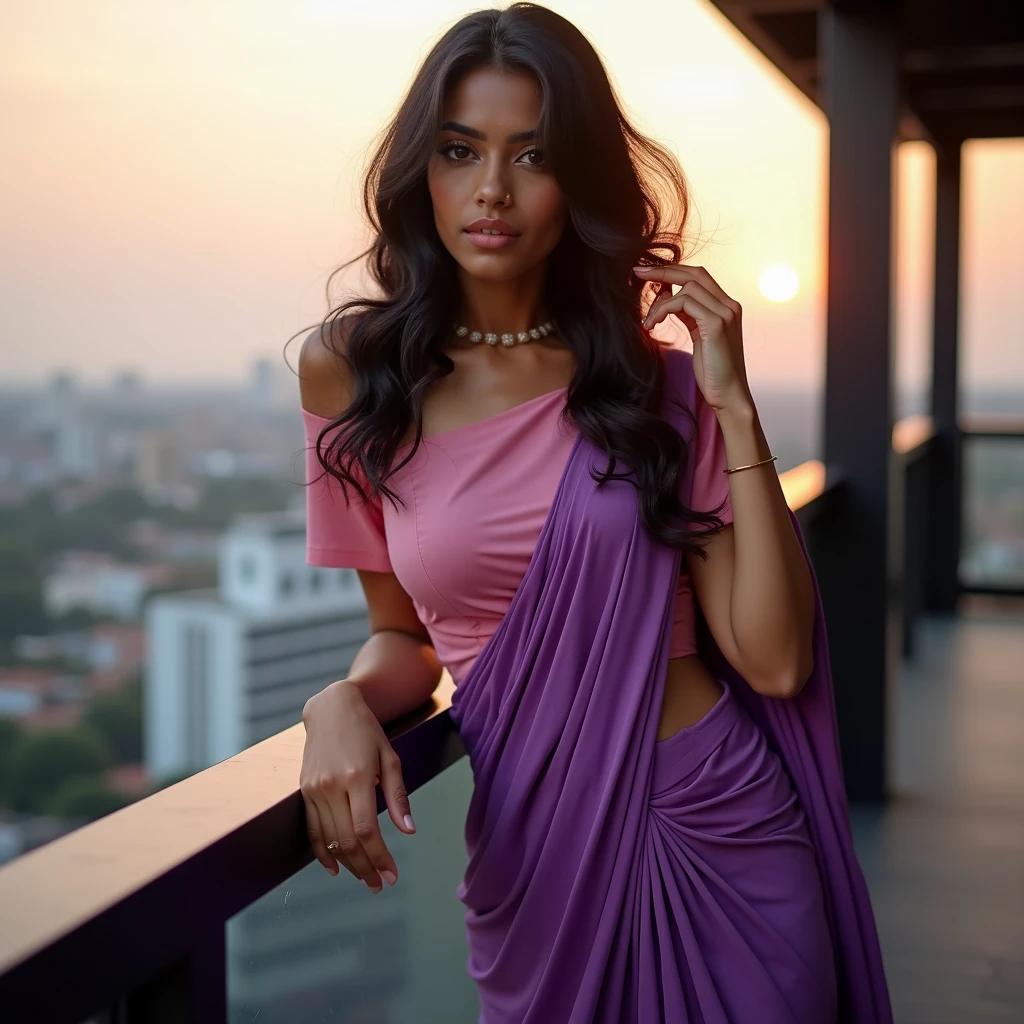 Create an ultra-realistic image of a modern, attractive female influencer of Indian descent, aged between 27 to 30. She should have a warm and inviting smile, expressive almond-shaped eyes with a slight shimmer, and clear, glowing skin with a medium brown complexion. Her features should be well-defined, with high cheekbones and a sharp jawline. Her hair should be long, thick, and wavy, with a natural shine and bounce, styled in loose waves, and colored a deep, reddish-purple hue that’s bold yet sophisticated. She should have a slender yet athletic build, reflecting a healthy and active lifestyle. She is wearing a magenta chiffon saree paired with a golden backless blouse, highlighting her toned figure. Her bust size should be medium (44-46 inches) for a balanced and proportionate look, with slightly bigger . Her outfit is completed with stylish black heeled sandals that add elegance to her look. She accessorizes with subtle yet chic jewelry, such as small hoop earrings and a few thin bangles. The background should depict a sunset over rolling hills with a golden glow, adding a serene and picturesque element to the scene. Her overall appearance should exude confidence, approachability, and sophistication, capturing the essence of a contemporary Indian fashion influencer.