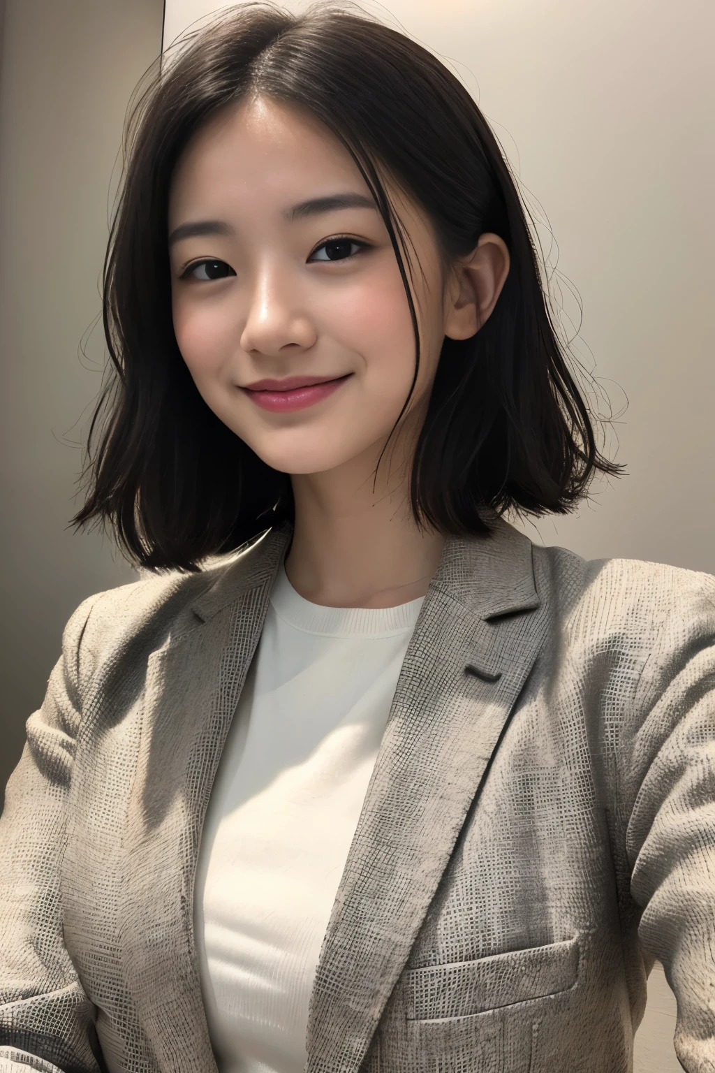 Raw photo, Highest Quality,(masutepiece:1.0), Professional Photography, High resolution, hyperdetails, Photorealistic, Best Quality, extremely delicate and beautiful illustration, (One girl), Solo, Perfect Anatomy, (short-hair:1.2), Dark hair, 、耳にピアス、ネックレス、, japanese young girl, sixteen years old, a baby face、Incredibly beautiful Japan girls, beautiful detailed background, (extremely delicate and beautiful illustration), (In the in-house conference room:1.3) (Gray business suit、Grey jacket、white shirt、), Shy laughter,