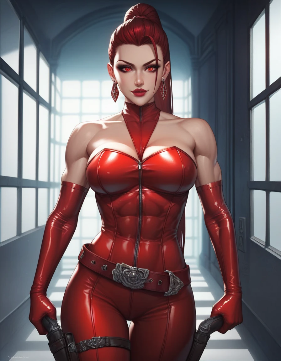 red monika, portrait, smiling, sexy, long ponytail, huge breasts, abs, (8k, RAW photo, best quality, masterpiece:1.2),ultra-detailed, (high detailed skin:1.2), 8k uhd, dslr, soft lighting, high quality, <lora:Red_Monika_v2:0.75>