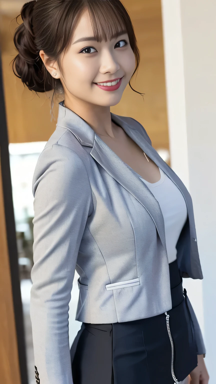 (masterpiece, Top Quality, realistic, high image quality, pictures, :1.3), sharp concentration, 1 cute Japanese mature woman, Age 30, Hot Model, Extremely elaborate eyes and eyes , realistic Skin, ((sensual bodies:1.2)), ((Big Breasts:1.2)), Thick Butt, neckline , with open shoulders and chest hair depicted in detail, delicate face, sensual expression of a classy woman, Bright lips, plump lips with a face and hairstyle, NATURAL LIPS , Thick Thigh Woman Size , ((half up hair:1.2)), ((Business Jackets:1.5)), ((business tight skirt:1.5)), At the office, (( full body shot )), is standing, smile, ((from below)),