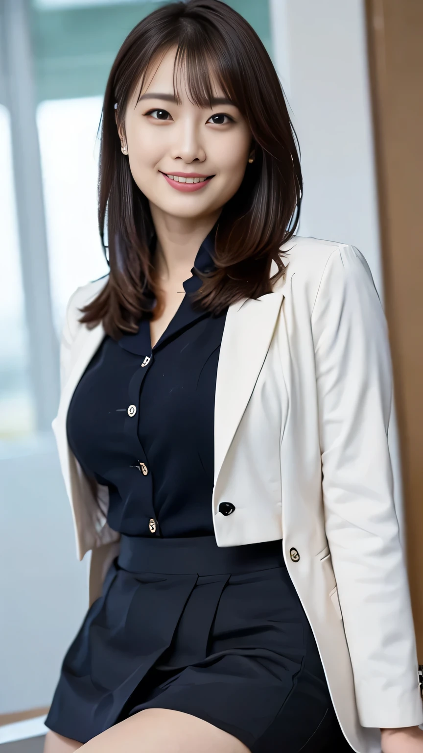 (masterpiece, Top Quality, realistic, high image quality, pictures, :1.3), sharp concentration, 1 cute Japanese mature woman, Age 30, Hot Model, Extremely elaborate eyes and eyes , realistic Skin, ((sensual bodies:1.2)), ((Big Breasts:1.2)), Thick Butt, neckline , with open shoulders and chest hair depicted in detail, delicate face, sensual expression of a classy woman, Bright lips, plump lips with a face and hairstyle, NATURAL LIPS , Thick Thigh Woman Size , ((half up hair:1.2)), ((Business Jackets:1.5)), ((business tight skirt:1.5)), At the office, (( full body shot )), is standing, smile, ((from below)),