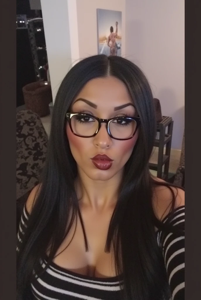 a selfie of a sexy secretary with black long straight hair, glasses, long nails, gigantic tits, opened black collared silk shirt, nice big pink lips, nice earrings, nice make up, touching her hair, from below, cleavage