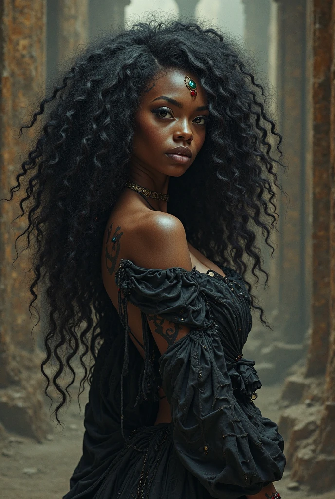 Pombagira Maria Mulambo, a dark woman, long curly brown hair, more curly