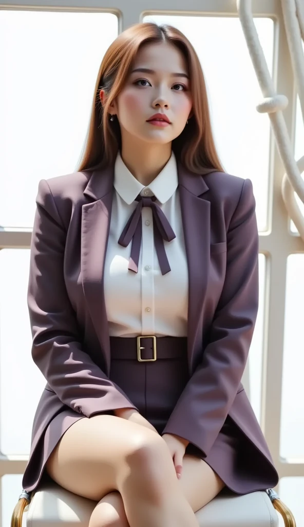 Simple White Background,
pink pencil skirt, pink jacket,collared shirt, white shirt, blue necktie,belt,
jewelry,earrings,
bangs,long hair,brown hair,green eyes,
1 girl, 20yo,Young female,Beautiful Finger,Beautiful long legs,Beautiful body,Beautiful Nose,Beautiful character design, perfect eyes, perfect face,expressive eyes,perfect balance,
looking at viewer,(Focus on her face),closed mouth,
official art,extremely detailed CG unity 8k wallpaper, perfect lighting,Colorful, Bright_Front_face_Lighting,shiny skin,
(masterpiece:1.0),(best_quality:1.0), ultra high res,4K,ultra-detailed,
photography, 8K, HDR, highres, absurdres:1.2, Kodak portra 400, film grain, blurry background, bokeh:1.2, lens flare, (vibrant_color:1.2),professional photograph,
(Beautiful,large_Breasts:1.4), (beautiful_face:1.5),(narrow_waist),