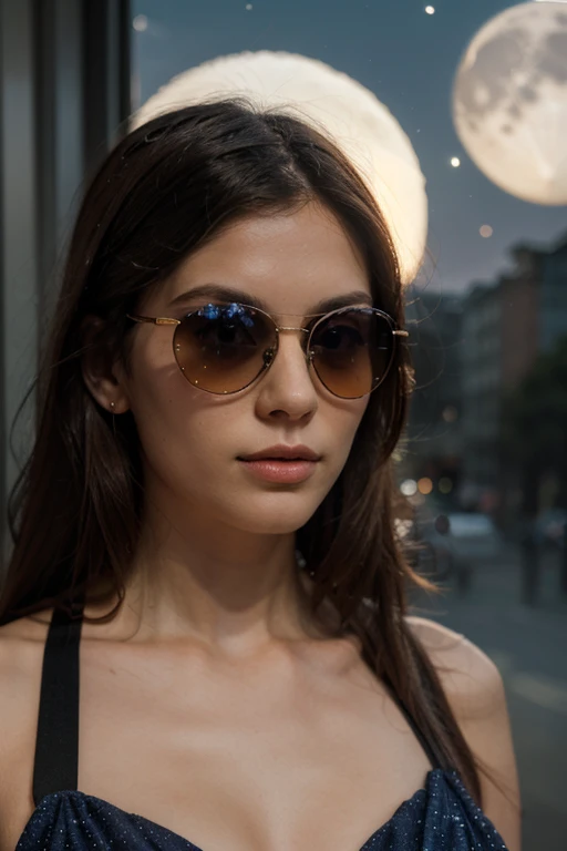 21-year-old, Russian race, (Masterpiece, best quality, photorealistic, high res, photography: 1.3), close-up shot, sharp focus, black hair, hair bun, bun hair, European girl, hot model, slim, Height 160cm, wearing sunglasses, sunglasses, realistic skin, (perfect body, cleavage), sweatshirt, sports top, medium breasts, slim, extremely detailed hair, shiny lips, outdoor, ((vivid light, dynamic lighting, realistic, super realistic, realism, realistic detail
