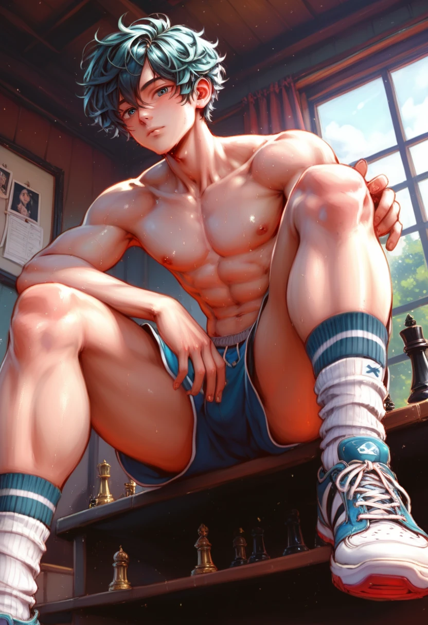 1 boy ,Libido boy,20yr old,Handsome,Raised sexy,k hd, tmasterpiece,8K,White thong,Nudity all over,Bare topless,white short socks,massive bulge,A sexy pose,Trembling,full-body view