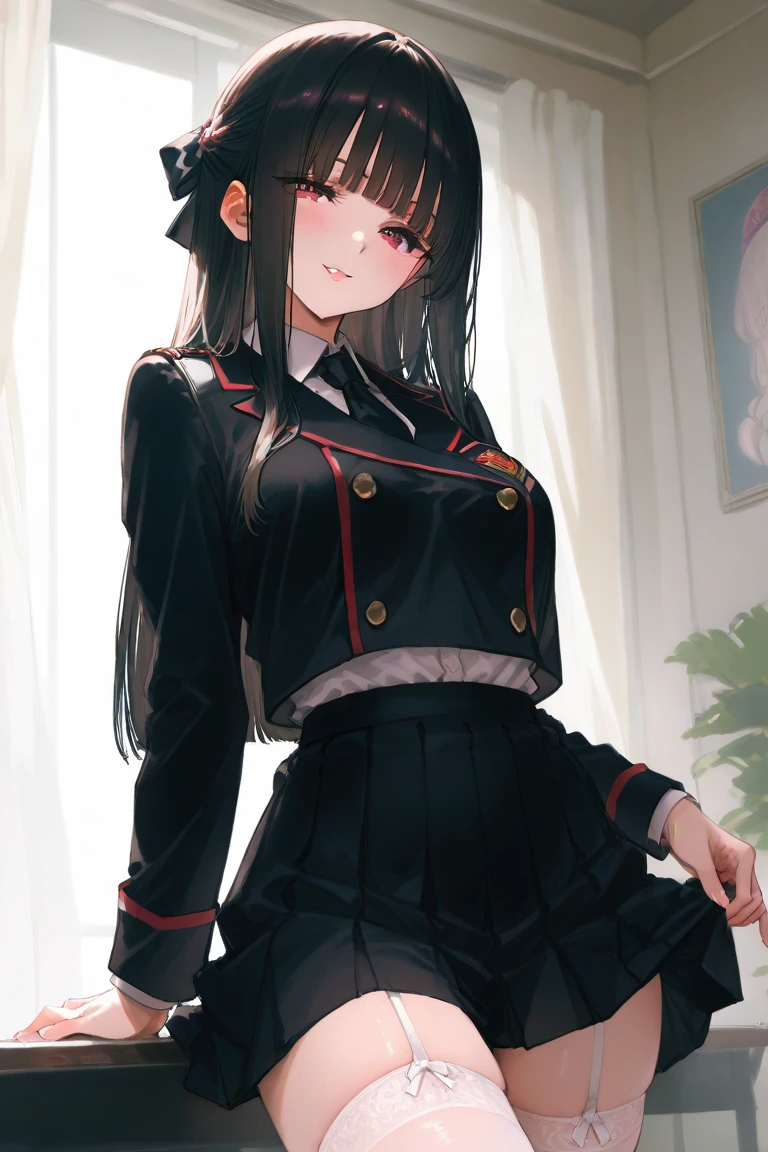 Black military uniform,a miniskirt,A dark-haired,Longhaire,Pussy juice,masturbated,orgasm,masturbation,embarrassed from，沒穿內褲,high-level image quality