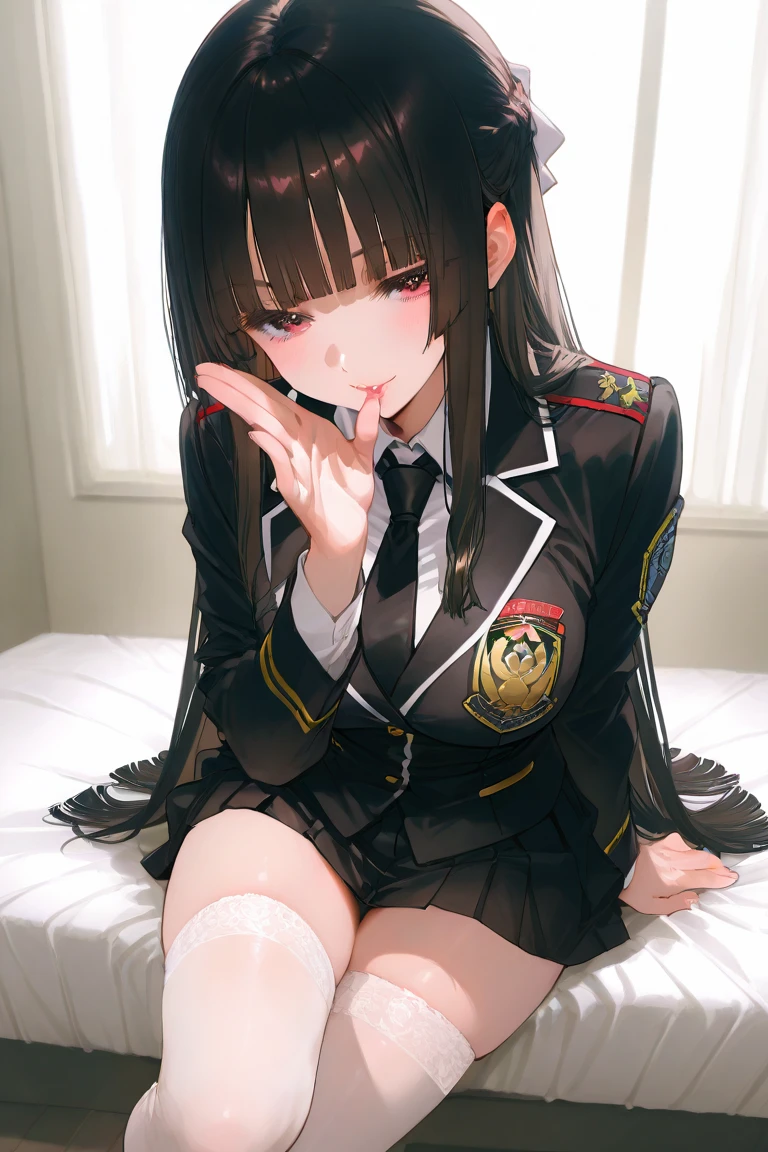 ((nsfw, masterpiece, best quality)), ((super high resolution)), (photo realistic), best shadow, (sharp sketch, illustration:1.2), high detail, very detailed, (nice hands, perfect hands), (POV, face focus:1.4), ((1girl and 1 boy)), beautiful girl, 18 years old, brown eyes, (black long hair:1.5), (normal breasts:1.1), glossy skin, ((view from front:1.5)), (very slender:1.3), (beautiful adolt face:1.3), famous idol, thin lips, detailed facial features, facial and skin texture, Crisp focus, perfect beautiful body and face, pink small nipple, beautiful face, perfectly in focus, long bangs, underhair, (in the hotel:1.3), all body, (happy:1.4), (sweat:1.5), ((woman on top:1.5)), ((penis)),  ((vaginal)), ((sex:1.5)),  (military costume:1.5), (cum in pussy:1.5), (black skirt:1.3), skirt lift, (black kneesocks:1.2), wrist scrunchie, (cum on hair and body:1.5), open mouth, epaulettes, loafers, choker, elbow gloves, buckle