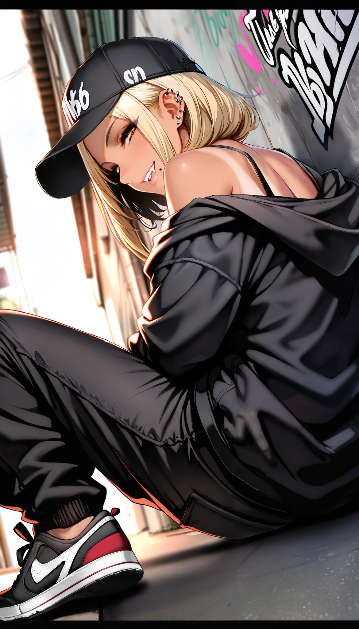 (best quality, highest quality:1.2), masterpiece, top quality, ultra high definition, rich contrasts, HD,8k, High Definition CG Unit Wallpaper, texture , Unbelievably Absurd, ultra high definition, RAW photos ,Deep border 1 .2, very detailed, back alley, ceiling, Sitting one's knees up, spread legs, Leaning against a graffiti wall, dutch angle,
bimbo, cute, streetwear, ((oversized Lower pants, street style, sneakers)), There are many piercings, street cap, put on a off shoulder black open hoodie,
glamorous, grin, fang, yellow eyes, blonde bob hair, tan,