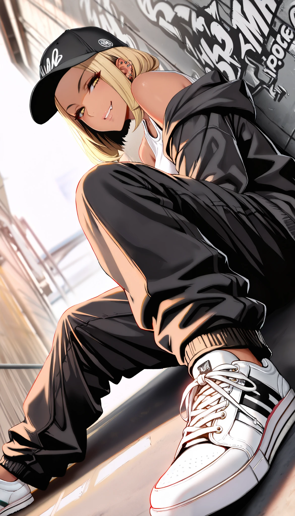 (best quality, highest quality:1.2), masterpiece, top quality, ultra high definition, rich contrasts, HD,8k, High Definition CG Unit Wallpaper, texture , Unbelievably Absurd, ultra high definition, RAW photos ,Deep border 1 .2, very detailed, back alley, ceiling, Sitting one's knees up, spread legs, Leaning against a graffiti wall, dutch angle,
bimbo, cute, streetwear, ((oversized Lower pants, street style, sneakers)), There are many piercings, street cap, put on a off shoulder black open hoodie,
glamorous, grin, fang, yellow eyes, blonde bob hair, tan,