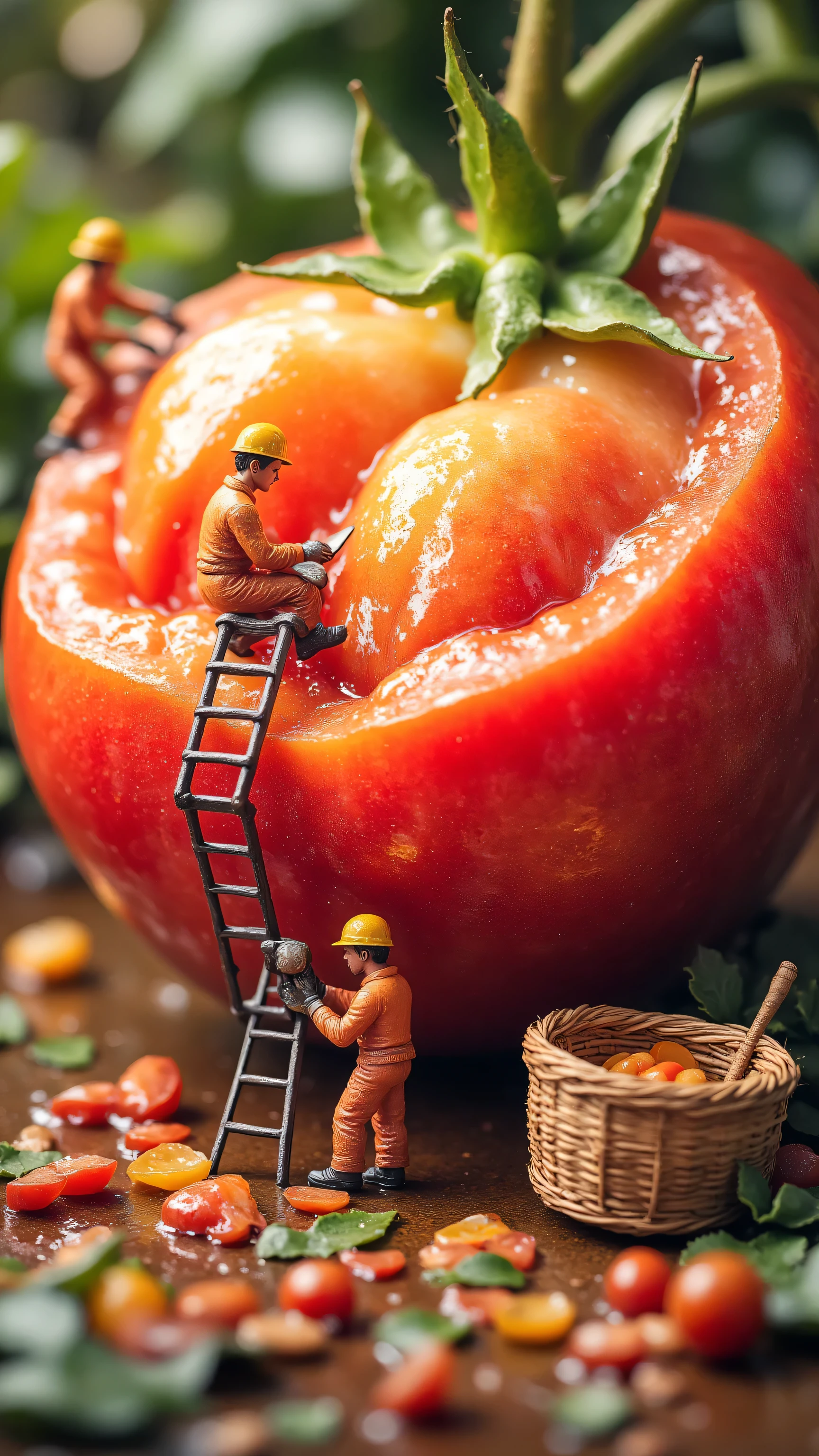 Microrealistic fruit and vegetable workshop,8K Ultra HD close-up:A giant fresh tomato takes center stage in the picture,Partial peeling reveals red, crystal clear flesh,miniature workers in orange work clothes with yellow helmets erect telescopic ladders,Precisely cuts the pulp,Scattered pieces of pulp and rattan collection basket surrounded by,Morning dew reflection enhances the moist texture,Surreal fruit and vegetable processing line