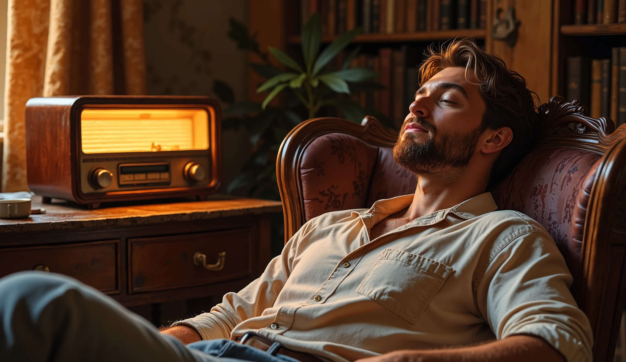 A handsome man with light stubble and well-groomed facial hair sits comfortably on a vintage wooden chair, eyes closed, fully immersed in the soothing sounds of an old-fashioned radio beside him. He wears a cozy, slightly unbuttoned linen shirt and relaxed trousers. His expression is peaceful, with a slight smile as he enjoys the nostalgic atmosphere. The radio, a classic wooden model with glowing dials, rests on a rustic table, emitting a warm golden light. The room has a vintage aesthetic with soft, warm lighting, earth-toned walls, and a retro ambiance. A cup of steaming coffee sits nearby, adding to the cozy, tranquil mood. The scene exudes a sense of relaxation and timeless charm.