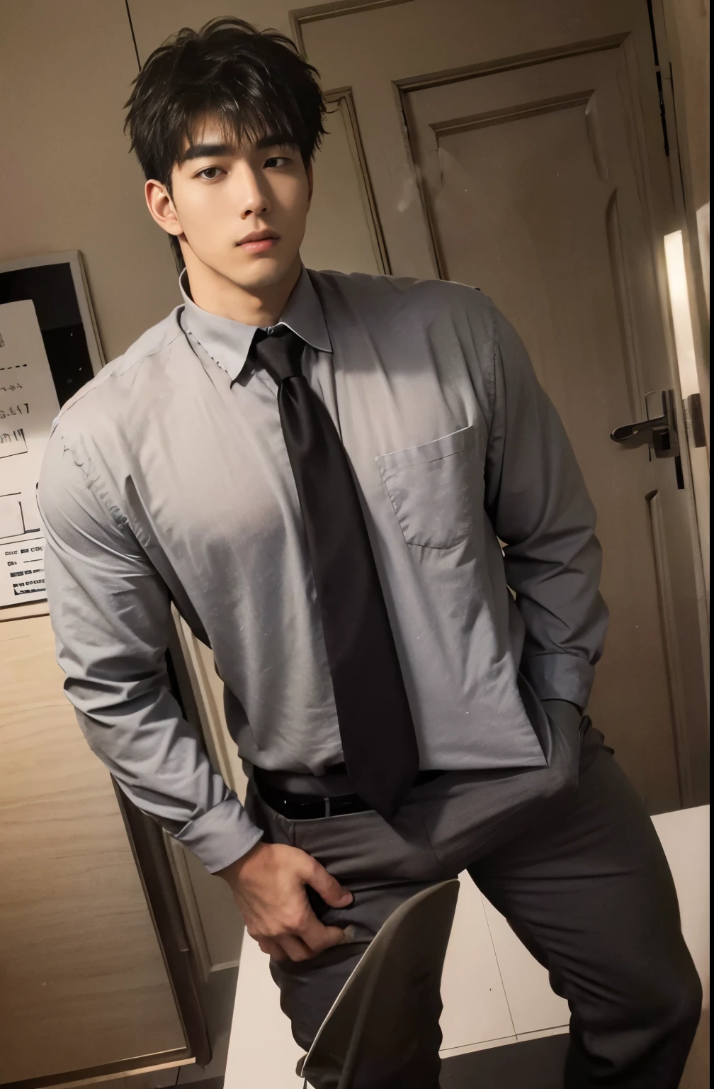 1 handsome Japanese guy,27years old,Corporate executives,Dress shirts and ties, Professional Dress, Professional Dress, ready for a meeting, Handsome and elegant, Wearing a black and gray suit, Sexy masculine, in blouse wearing, Masculine and handsome,Muscular,Muscles look good,hairy bodies,with fair skin,黑The eye(thin eyes 1:3),fully body photo