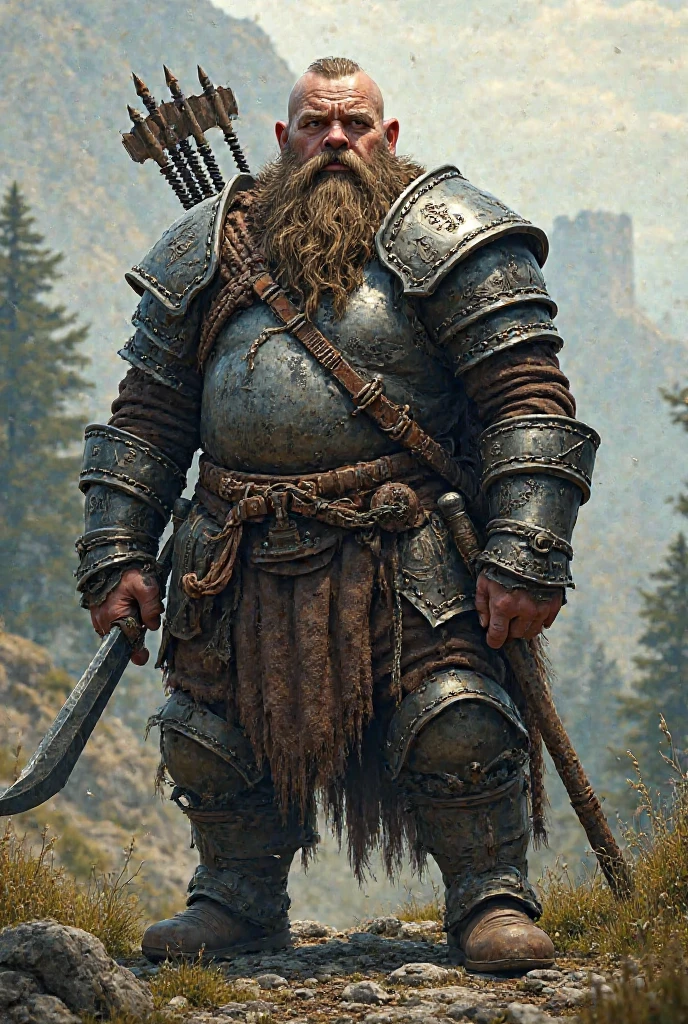 a dwarf, warrior with a shield on his back climbing a house