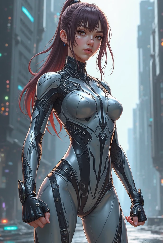 beautiful female supervillain, perfect body proportions, curvaceous yet slim, generous curves, (big breasts:1.5), bodysuit armor, futuristic, eye patch on one eye, long wavy redhead, gorgeous eyes, serious, rooftop of a skyscraper, stormy sky, photorealistic, high definition