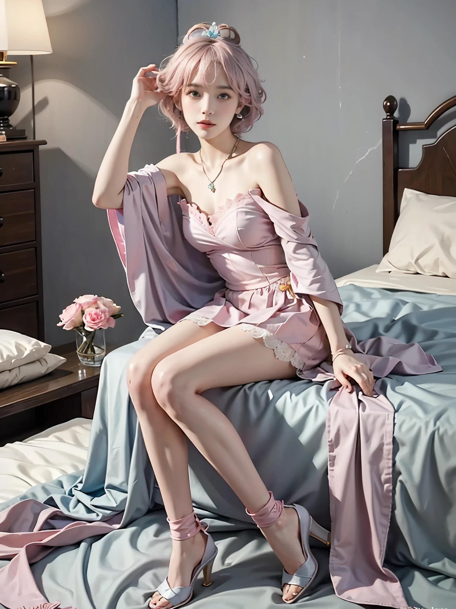 harley quinn,twintails((Girl lying in bed))、A beautiful and moving woman, in an elegant pose, her full breasts on display.,Visible cleavage,Sexy long legs,Variety of slim and cute beauties, Her long hair cascades down her shoulders like a waterfall。She smiles radiantly,Eyes sparkle,Her skin is flawless。Her curves are highlighted。Sparkle in the light,The colors are soft,Perhaps in shades of light pink or lavender。She lay confidently,One hand on hip,Her posture is both graceful and strong。She wears elegant high heels,Goes well with her outfit。In the warm golden sun。The overall atmosphere of the image is tranquil and uplifting,Emphasizing natural beauty and elegance, Studio Lighting,Bright colors, Sweet maiden, sweet smile, make up,shy,Blush,Parted lips,Heavy breathing,moan,Surrealism,Realism,Movie Lighting,Relief,Sony FE GM,Retina,masterpiece,precise,Anatomically correct,Textured Skin,Super Detail,High Detail,best quality,rich and colorful