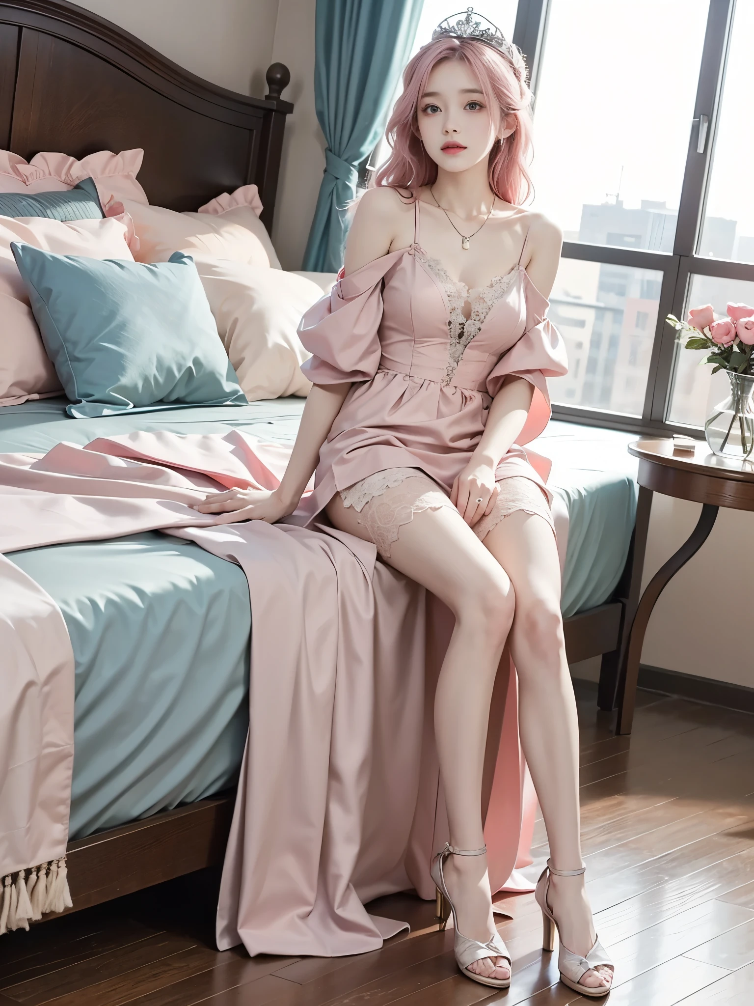 wuxian-xsg ,,(full body:1.3),(masterpiece, best quality, ultra detailed), 1 girl, lying on her back on a soft light blue bed, looking up with gentle expression, (Big bust, very short hemline), (single bare shoulder:1.3), long flowing pastel pink hair with loose waves, styled with a small tiara and flower hair ornaments, one hand gently touching her hair near her head, the other arm resting along her side, legs slightly bent at the knees and crossed at the ankles, delicate lace necklace, pink ankle-strap heels, soft rim lighting, dreamy atmosphere, bedroom setting, wooden headboard in the background, scattered pink roses on the bed.