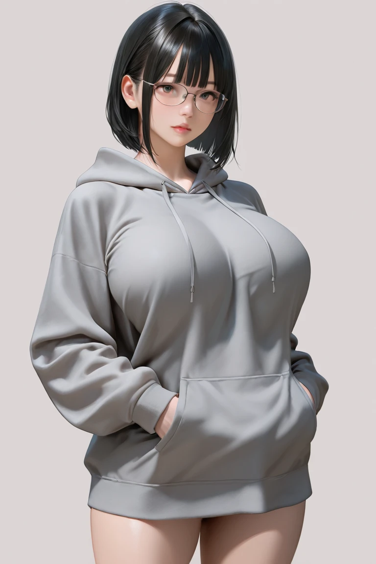 Woman at the gym sitting on the bench, purple open hood sweatshirt, very short black hair, BIG GLASSES, gets totally sweaty, breasts exposet front perfect in the nudes total real front in perfect, breasts exposet front perfect in the, pussy perfect exposet