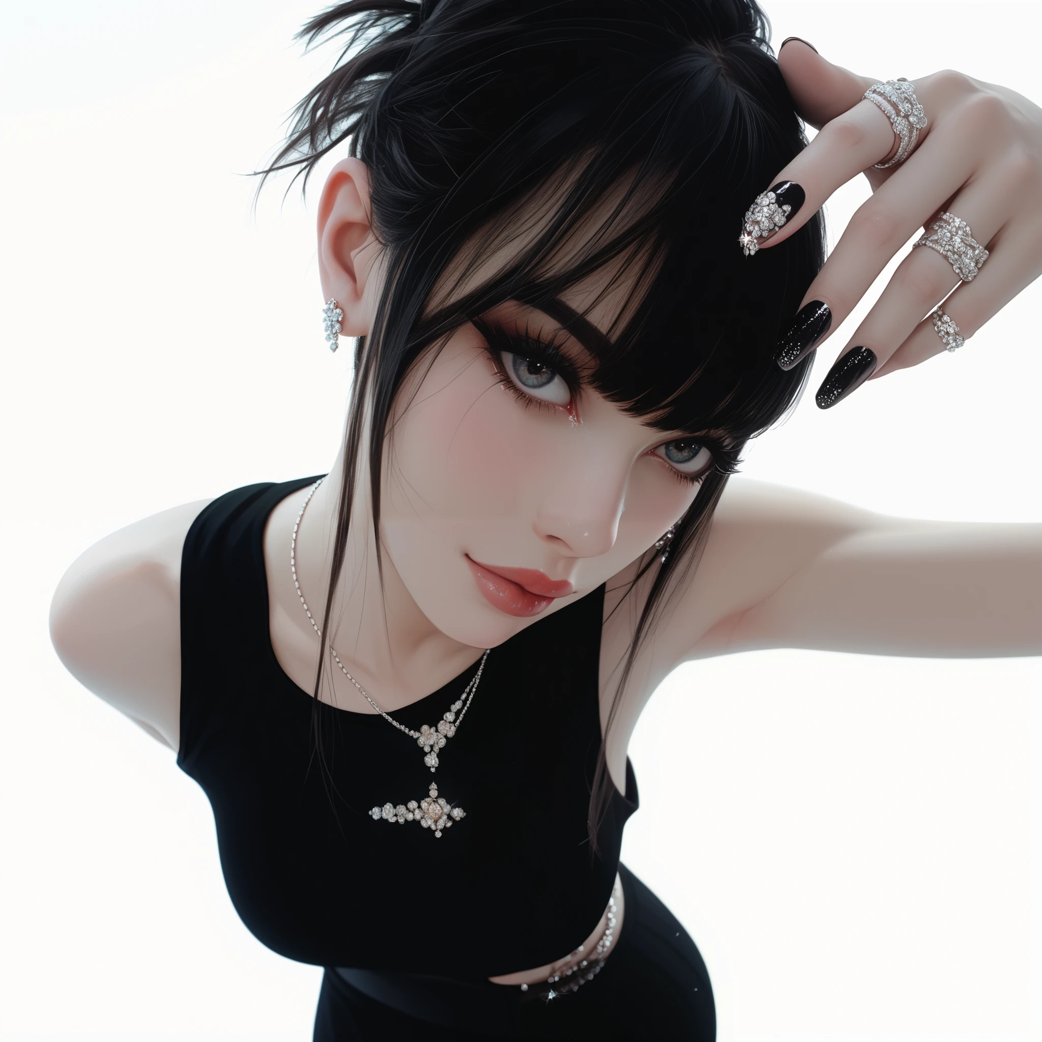 A stylish and confident young woman striking a dynamic pose, wearing an elegant black sleeveless top with a modern fashion aesthetic. Her short, stylish haircut features sharp bangs that frame her face. She wears a delicate silver necklace and multiple rings on her fingers, adding a luxurious touch. Her nails are painted black with an intricate, artistic design, enhancing the edgy yet sophisticated vibe. Her pose is expressive—one arm raised and bent at the elbow, fingers slightly splayed, conveying energy and attitude. The lighting is bright, even, and studio-like, casting soft shadows for a clean, high-fashion look. The background is a minimalist white canvas, keeping the focus on her striking appearance. The atmosphere is contemporary, bold, and polished, with a hint of avant-garde elegance