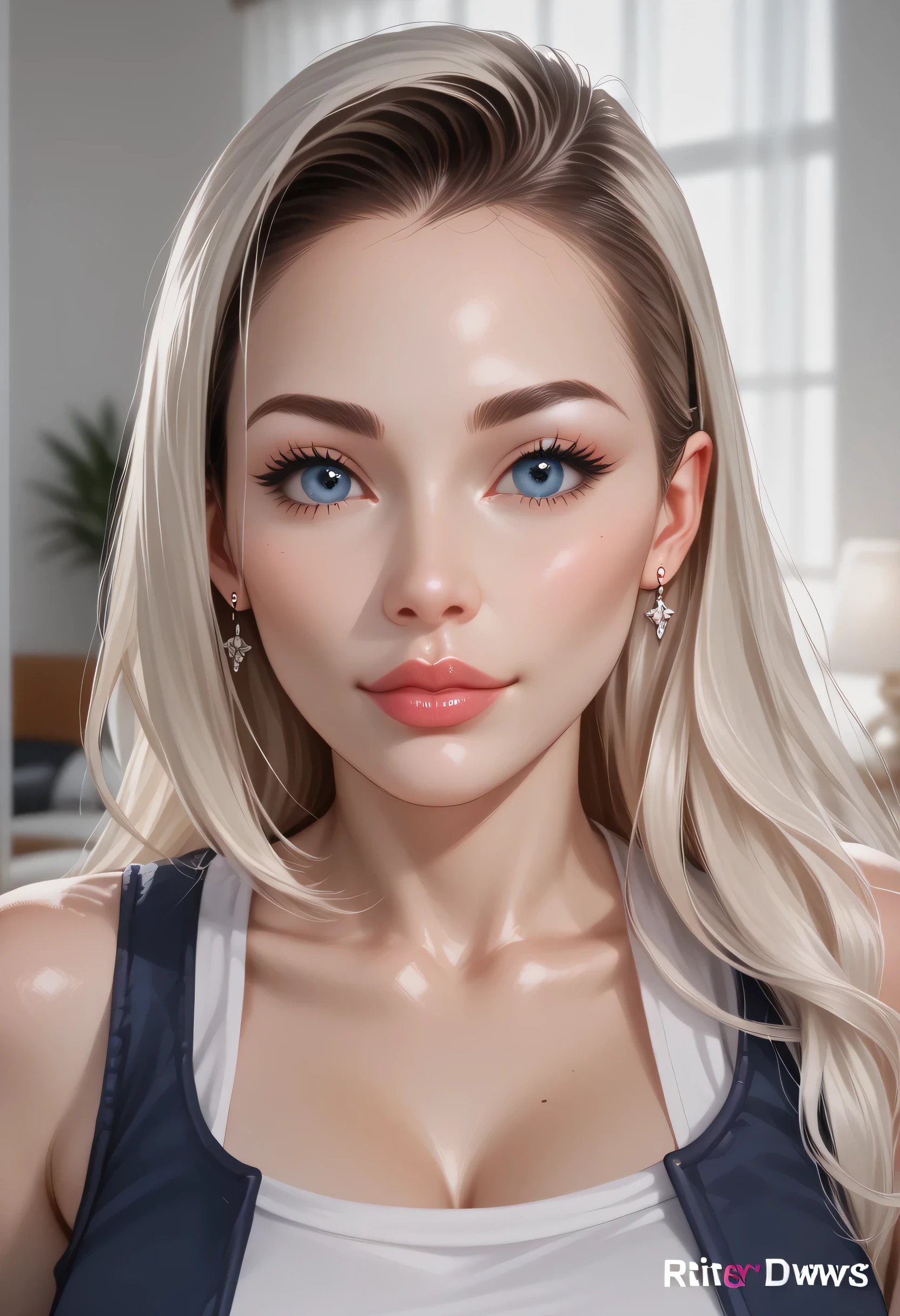 a close up of a woman with long hair wearing a white top, rossdraws 1. 0, realistic artstyle, rossdraws portrait, realistic anime artstyle, artwork in the style of guweiz, realistic anime 3 d style, realistic anime art style, realistic cute girl painting, realistic art style, stunning anime face portrait, kawaii realistic portrait